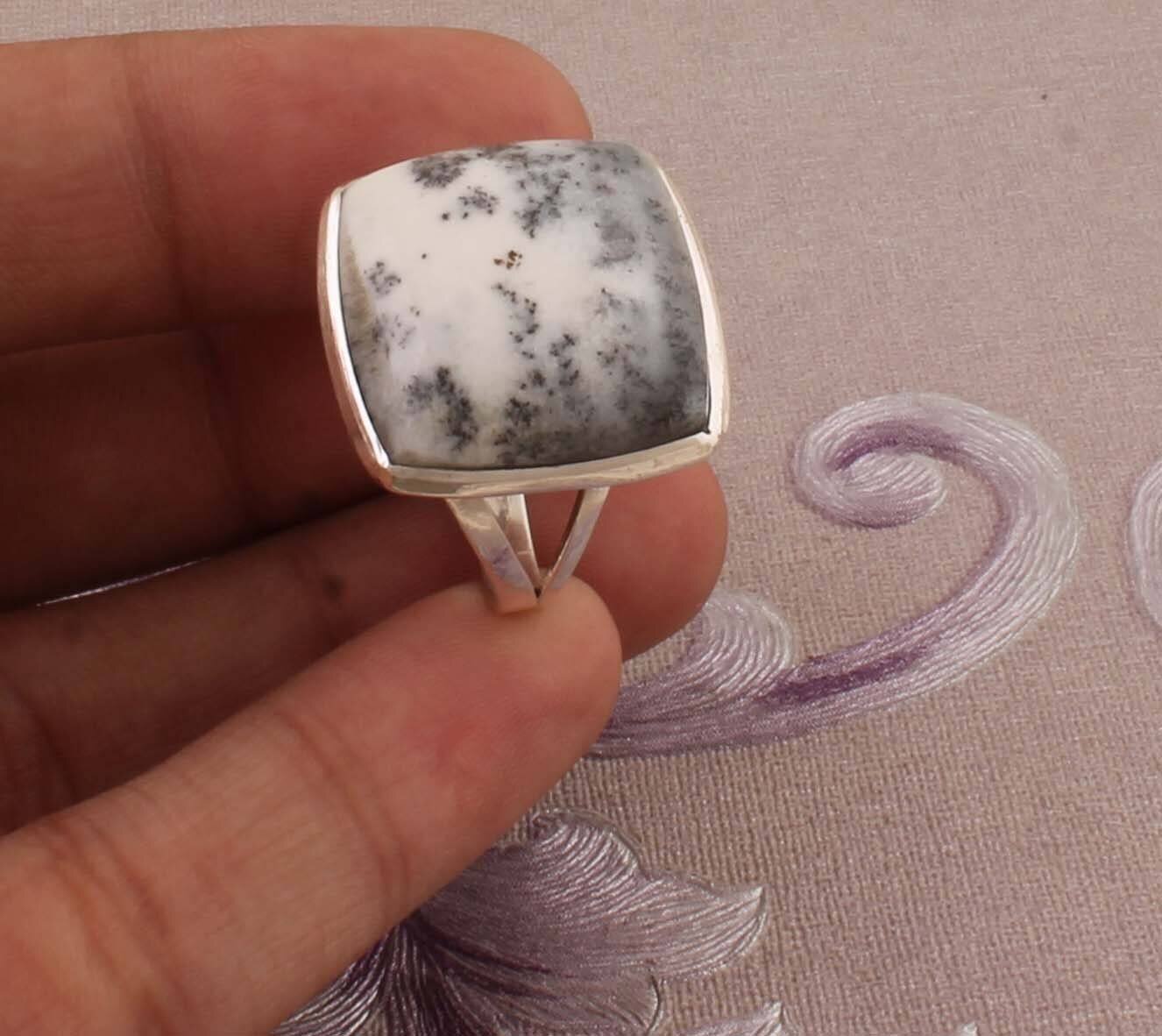 Natural Dendrite Opal Top Quality Gemstone Ring Square Cabochon Stone Ring 925-Antique Silver Ring Middle Finger Beautiful Ring Gift For Her