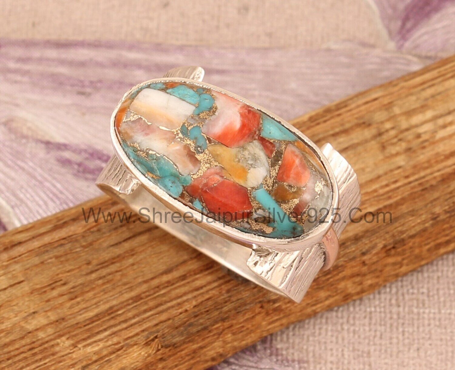 Oyster Copper Turquoise Solid 925 Sterling Silver Ring For Women Two Tone Handmade Textured Band Oval Ring For Wedding Anniversary Gift Idea