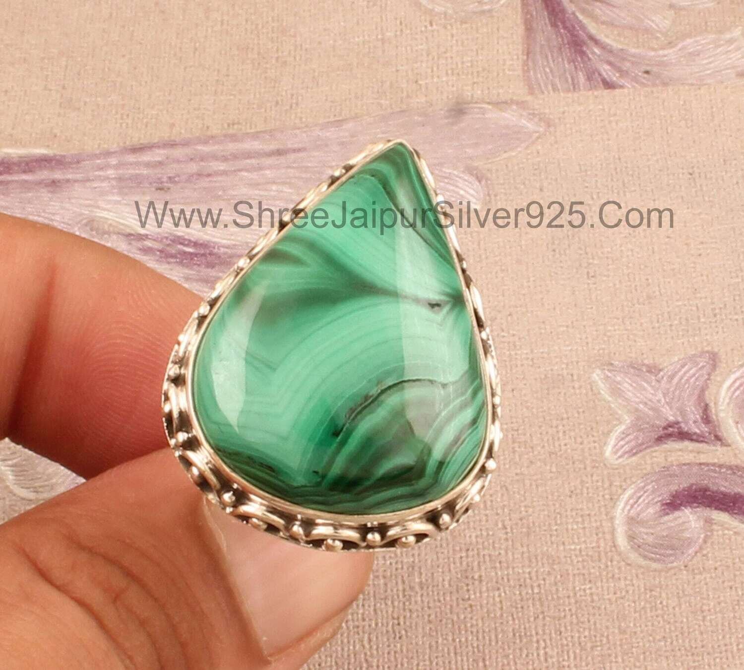 Natural Malachite Silver Ring, 925 Sterling Silver Pear Shape Gemstones Ring For Women, Designer Silver Ring, Anniversary Gift For Women