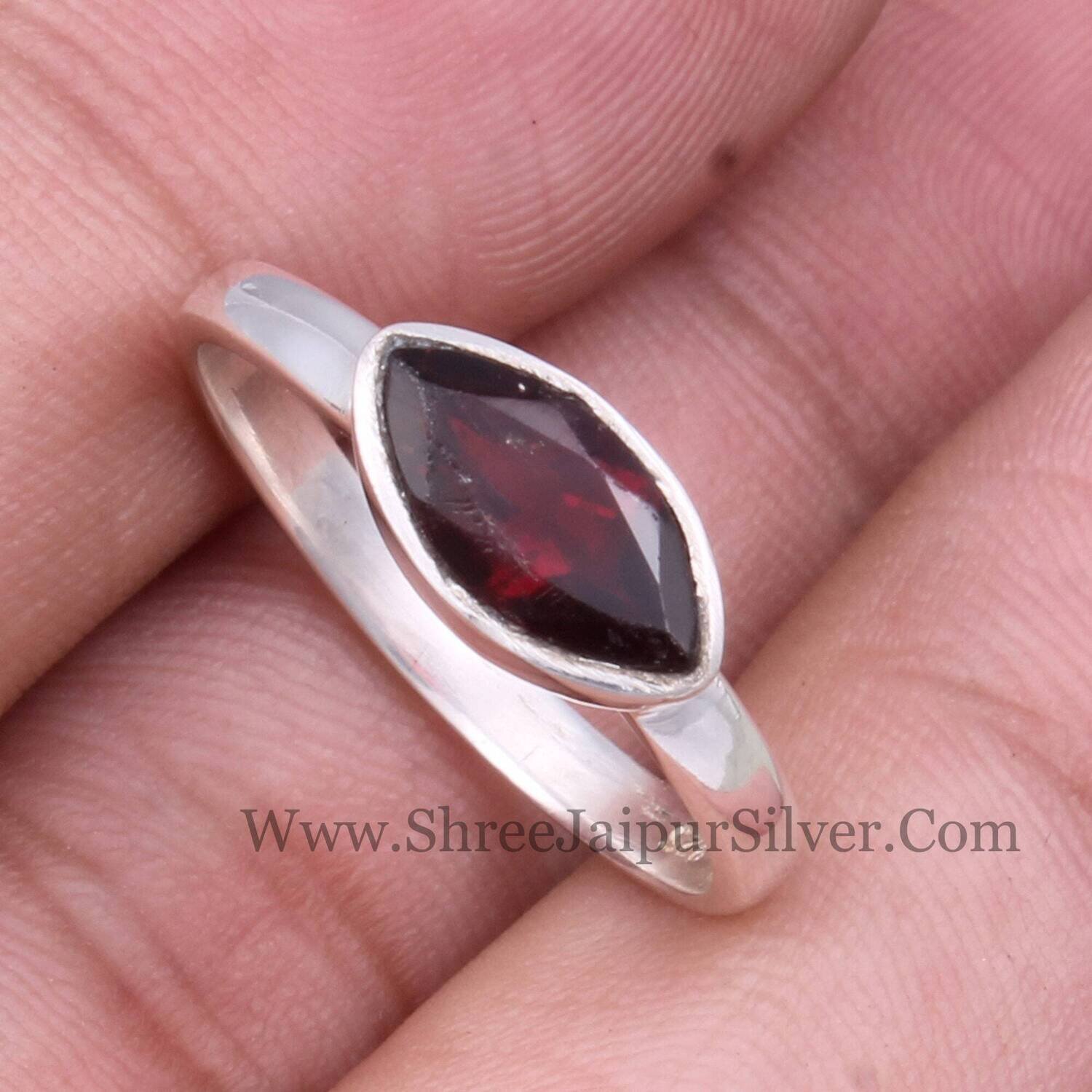 Natural Red Garnet Marquise Cut Stone Solid 925 Sterling Silver Ring For Women, Handmade Solid Silver Ring For Wedding Anniversary Gift Idea