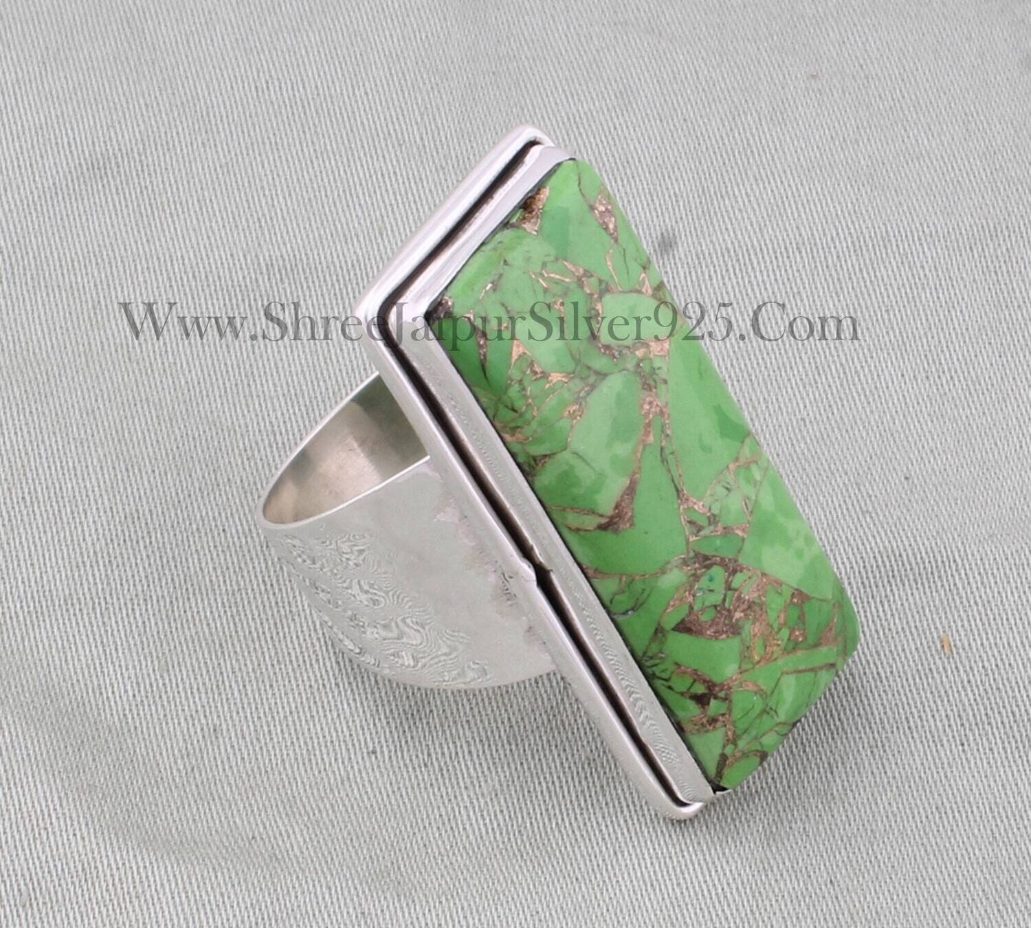 Green Copper Turquoise Solid 925 Sterling Silver Ring, Handmade Hammered Bar Band Ring Gifts For Her Birthday Wedding AnniversaryBirthstone