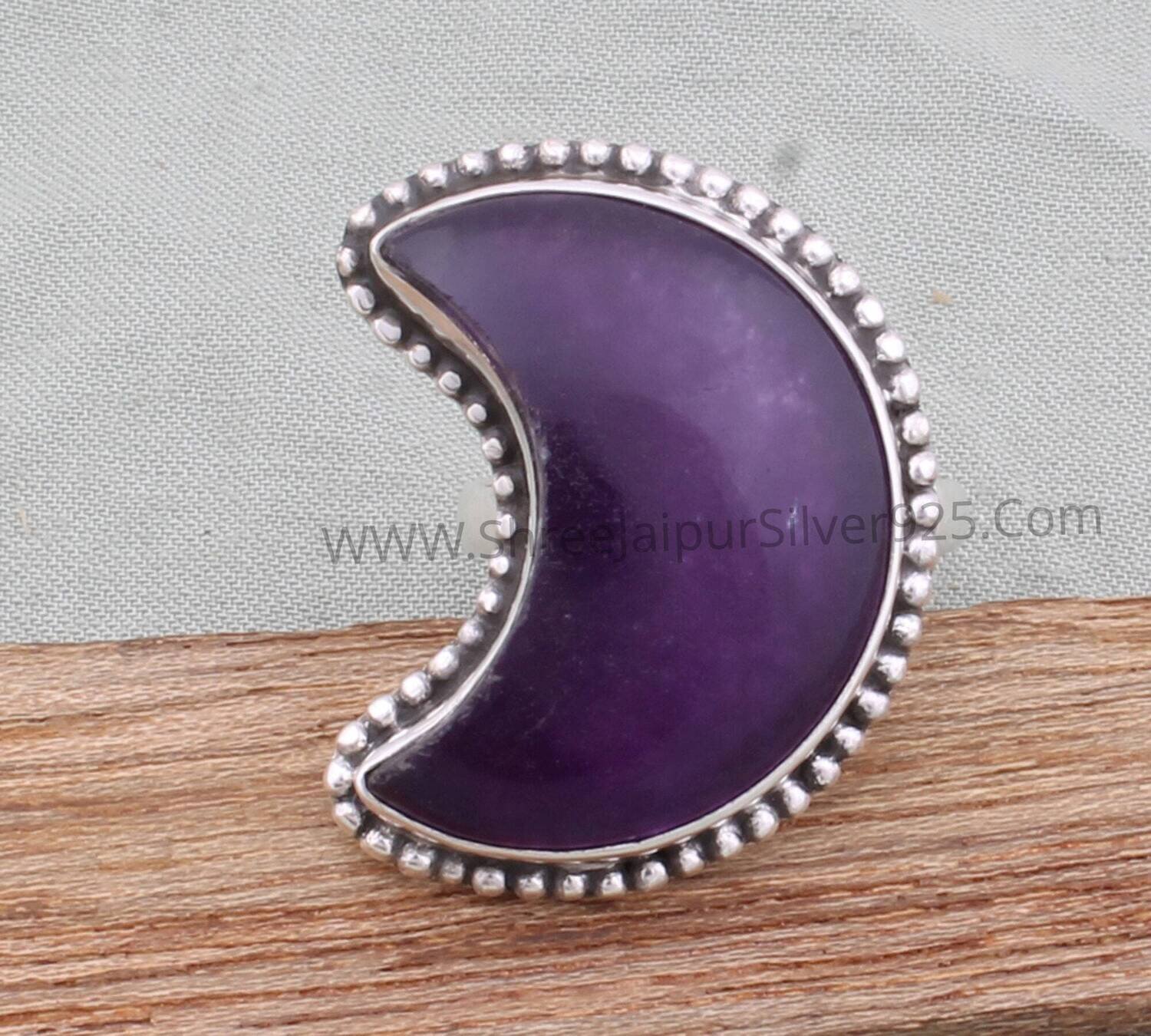 Purple Jade Solid 925 Sterling Silver Ring For Women, Handmade Crescent Moon Gemstone Ring For Wedding Anniversary Gift For Women Jewelry