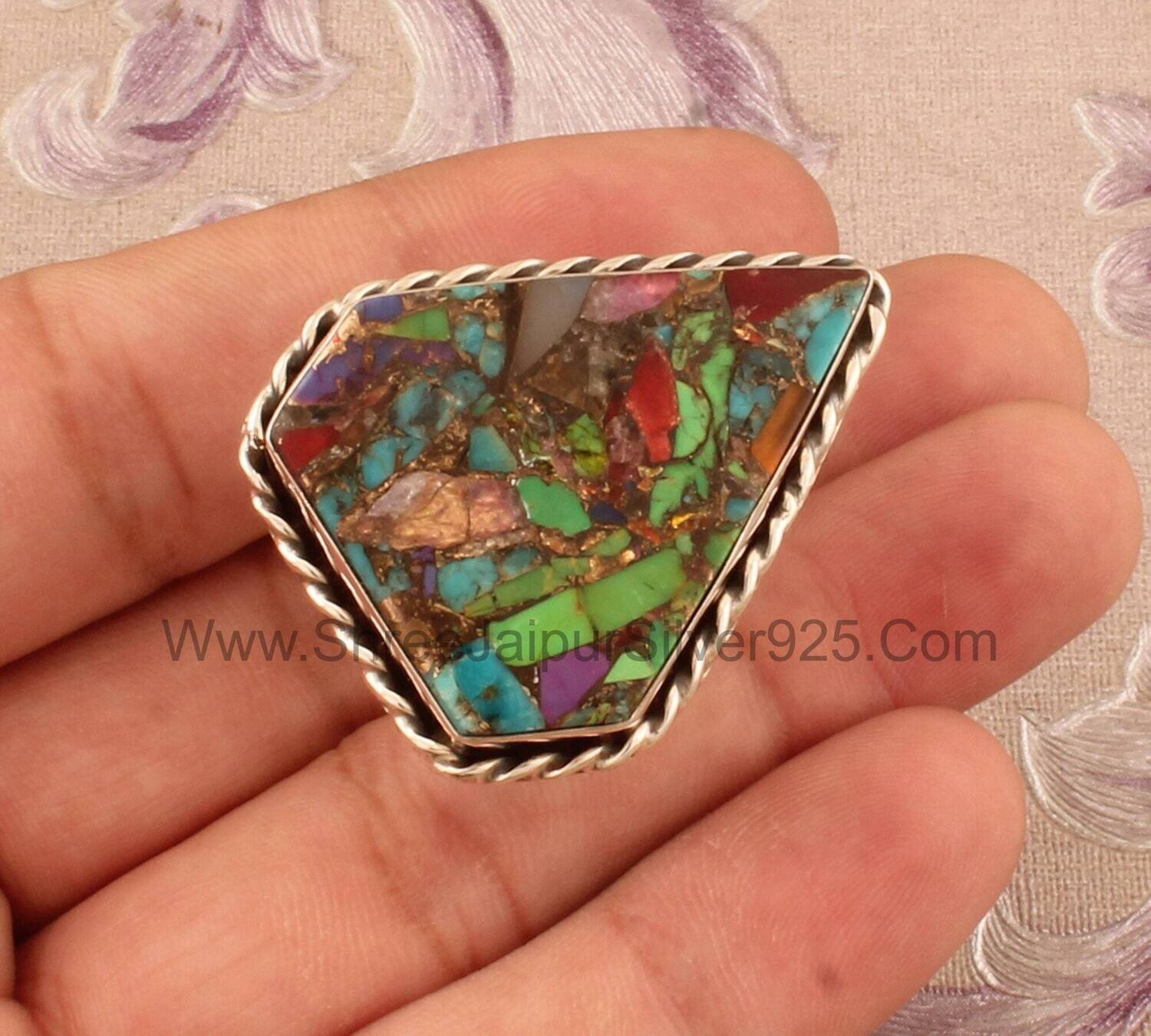 Fancy Shape Mix Oyster Copper Gemstone Ring For Her, Oyster Copper Turquoise Solid 925 Sterling Gemstone Silver Ring For Women Jewelry Gift