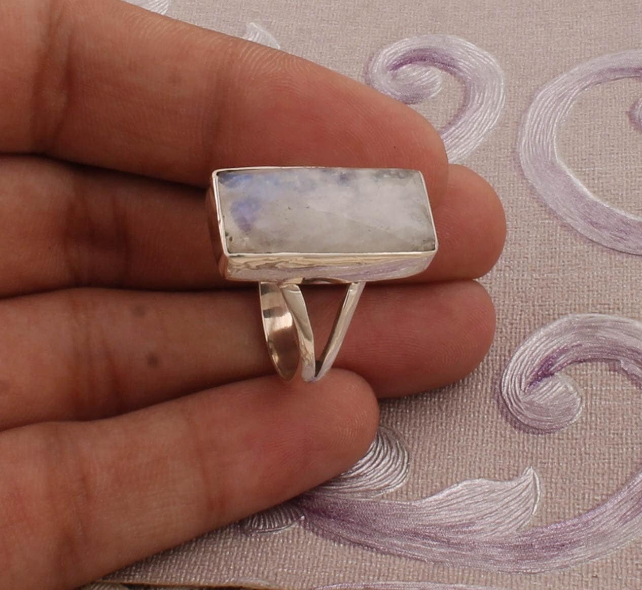 Top Quality Rainbow Moonstone Gemstone Ring,Cut Blue Fire Baguette Shape Stone Ring 925-Sterling Silver Ring,Middle Finger Ring Gift