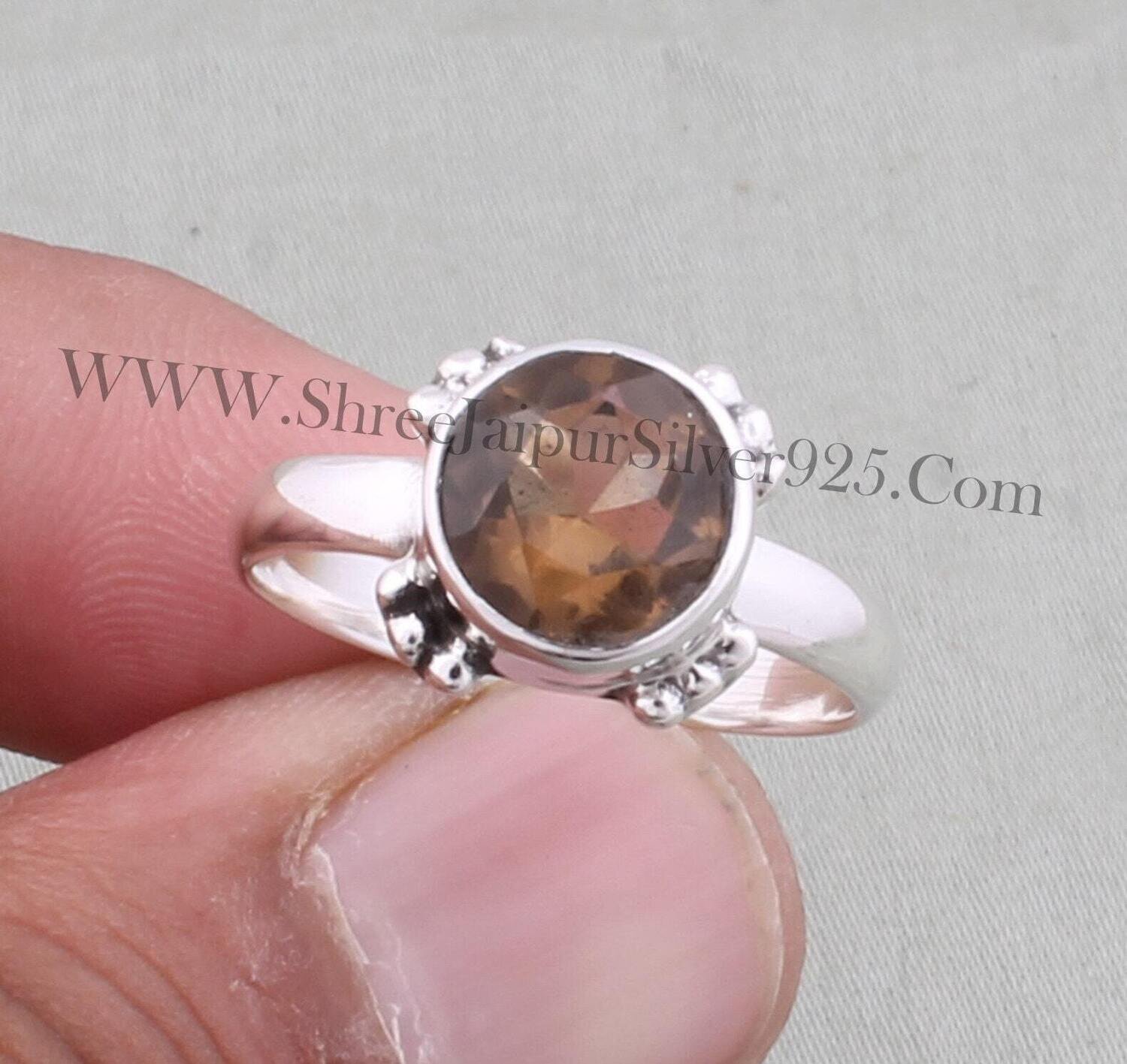 Natural Smoky Topaz Gemstone Solid 925 Sterling Silver Ring For Women, Handmade Faceted Cut Round Gemstone Solid Silver Ring For Women Gift