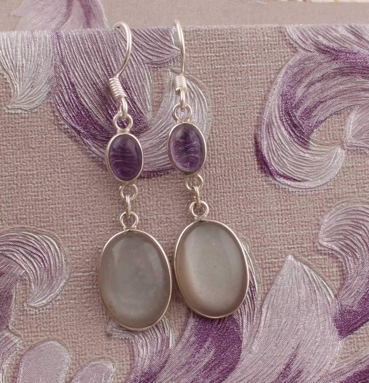 Combo Gemstone Earring Amethyst+Peach Moonstone Gemstone Earring 925-Sterling Silver Earring Big Size Two Stone Earring Gift For Her Earring