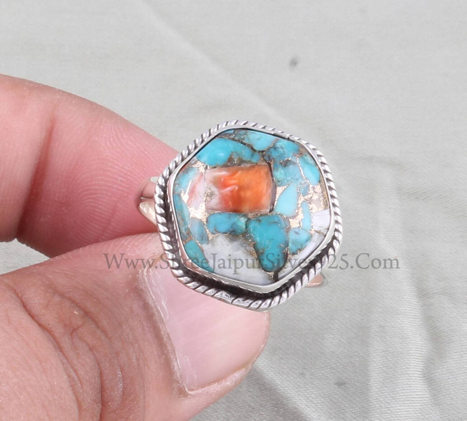 Mix Oyster Hexagon Shape Gemstone Ring For Women,Oyster Copper Turquoise Solid 925 Sterling Silver Ring For Wedding Anniversary Gift For Her