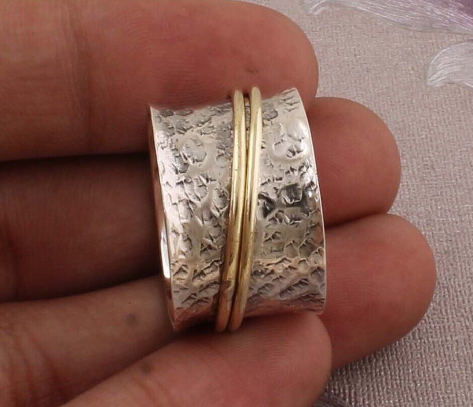 Two Tone 925-Sterling Silver Ring,Spinner RingBirthstone