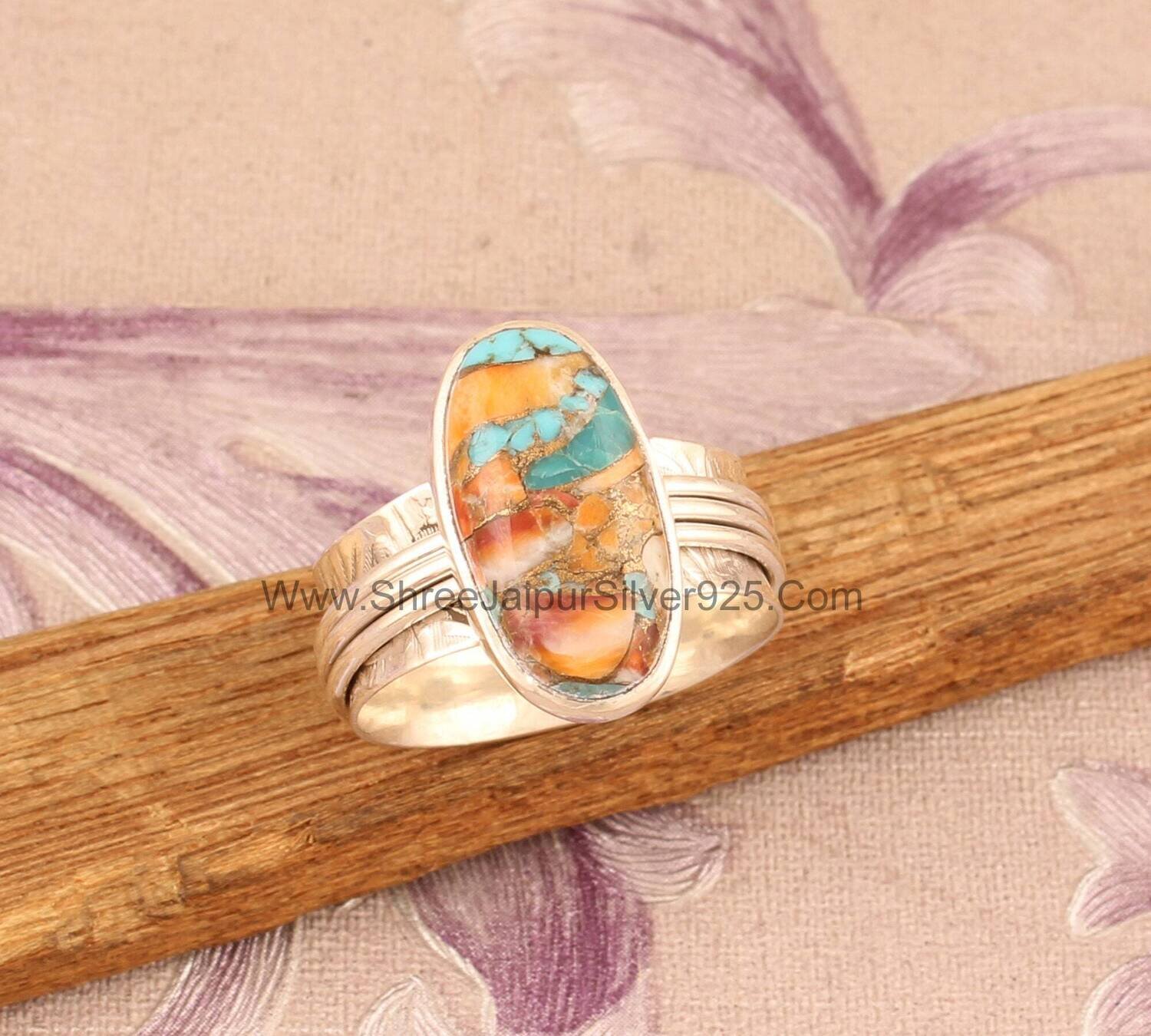 Oyster Copper Turquoise Solid 925 Sterling Silver Spinner Ring For Women, Handmade Oval Meditation Wedding Ring Boho Worry Anxiety Ring Gift