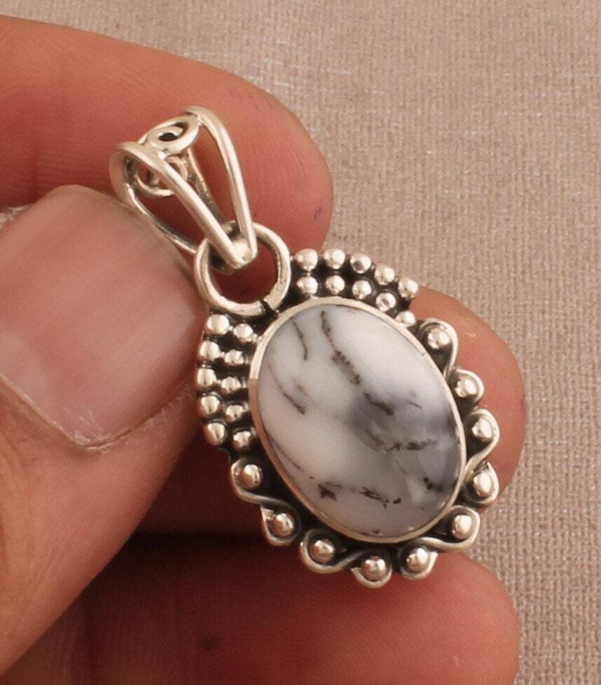 Dendritic Opal Oval Shape Gemstone Pendant, 925 Sterling Silver Dotted Pendant, Handcrafted Gemstone Silver Pendant, Christmas Gift Idea