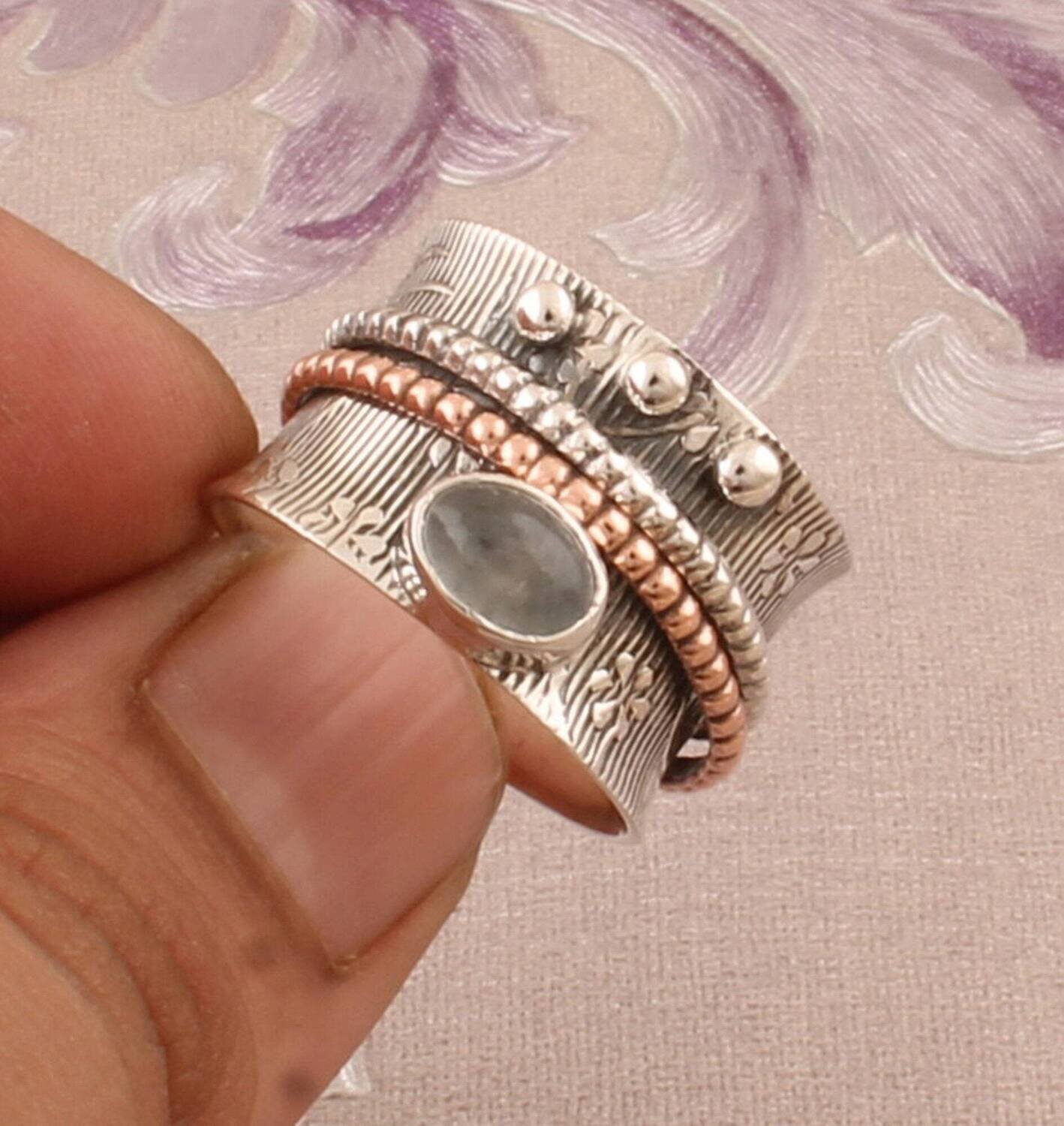 Aquamarine Spinner Ring, 925 Sterling SilverBirthstone