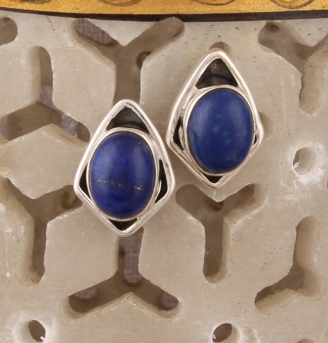 925 Sterling Silver Lapis Lazuli Gemstone Stud Earrings, Designer Silver Earrings, Natural Gemstone Earrings, Handmade Earrings, Gift Idea