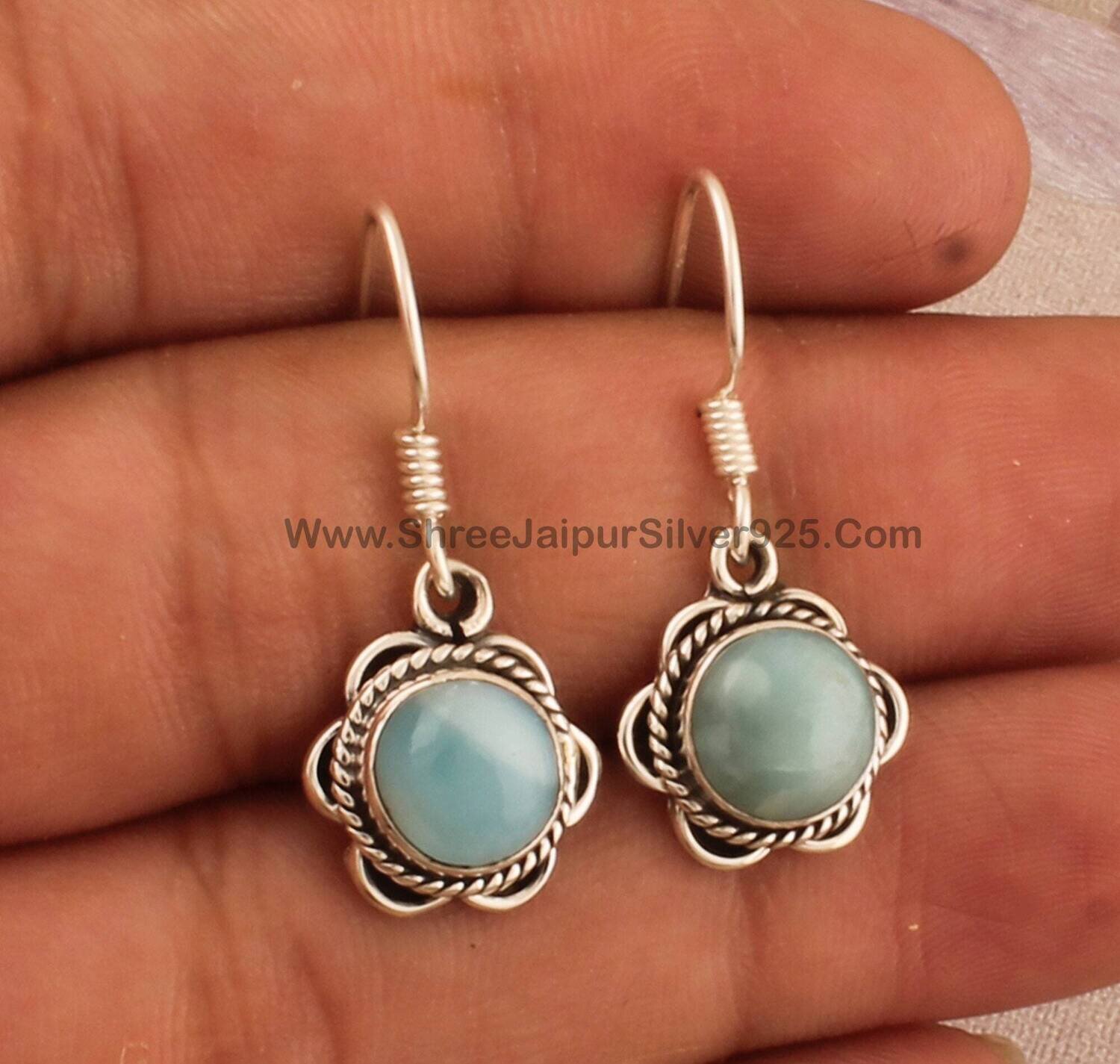 Natural Larimar Round Stone Solid 925 Sterling Silver Earrings For Women Handmade Floral Silver Earrings For Wedding Anniversary Gift Idea