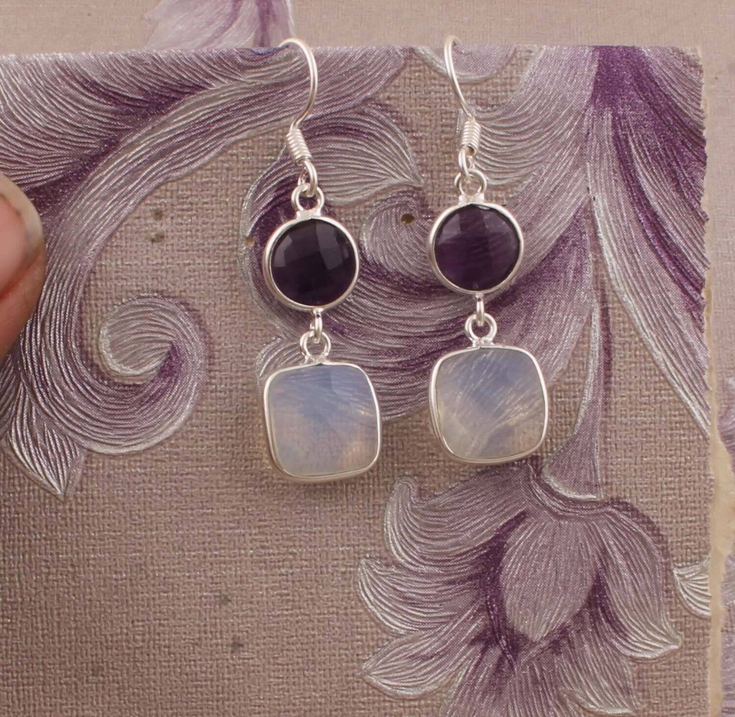 Combo Gemstone Earring Amethyst+Moonstone Gemstone Earring 925-Sterling Silver Earring Big Size Two Stone Earring Long Gift EarringCyber2021