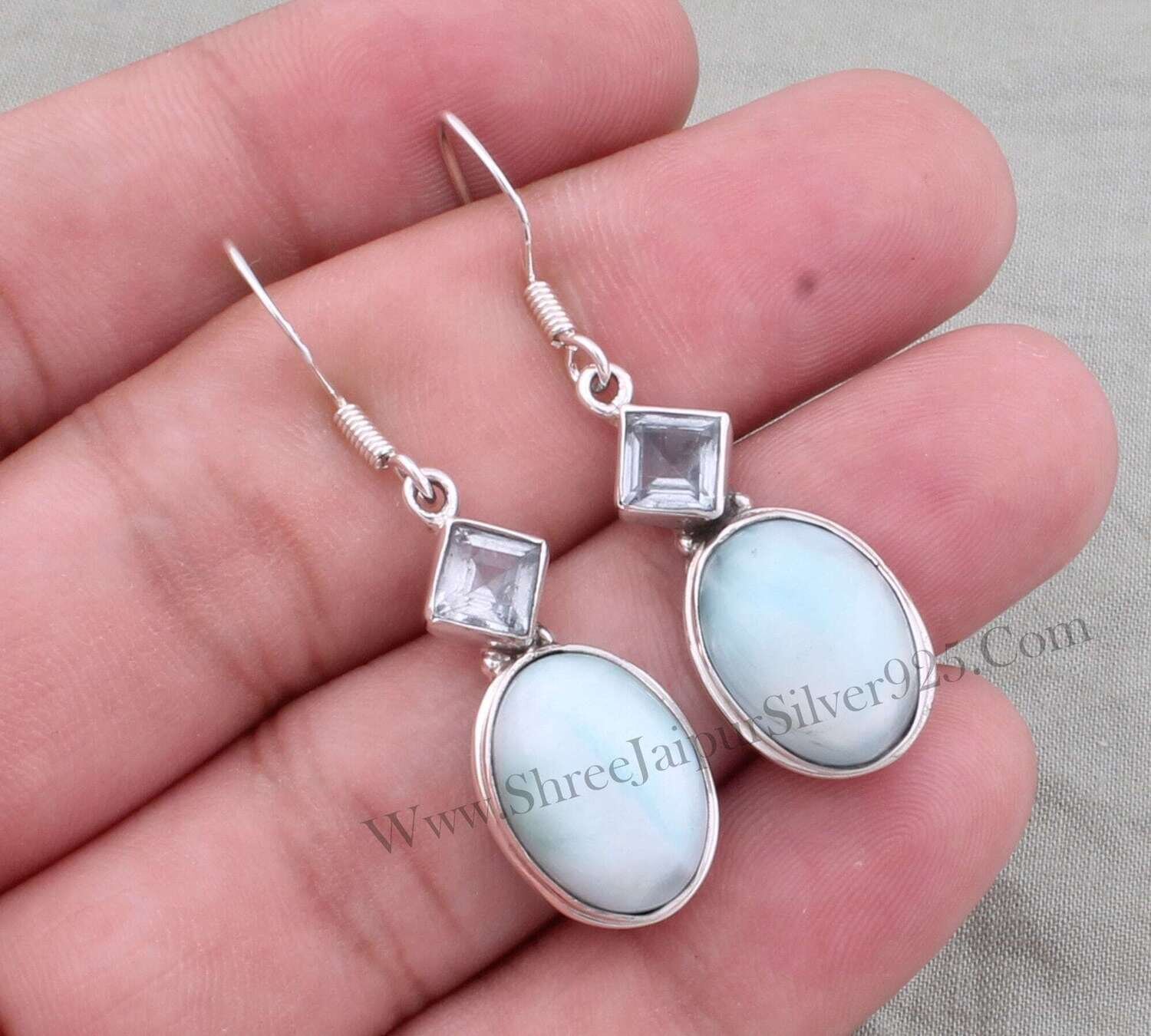 Combo Gemstone Earring, Larimar+Blue Topaz Gemstone Earring 925-Sterling Silver Earring,Wedding Gift Earring, Two Stone Earring Gift For Her