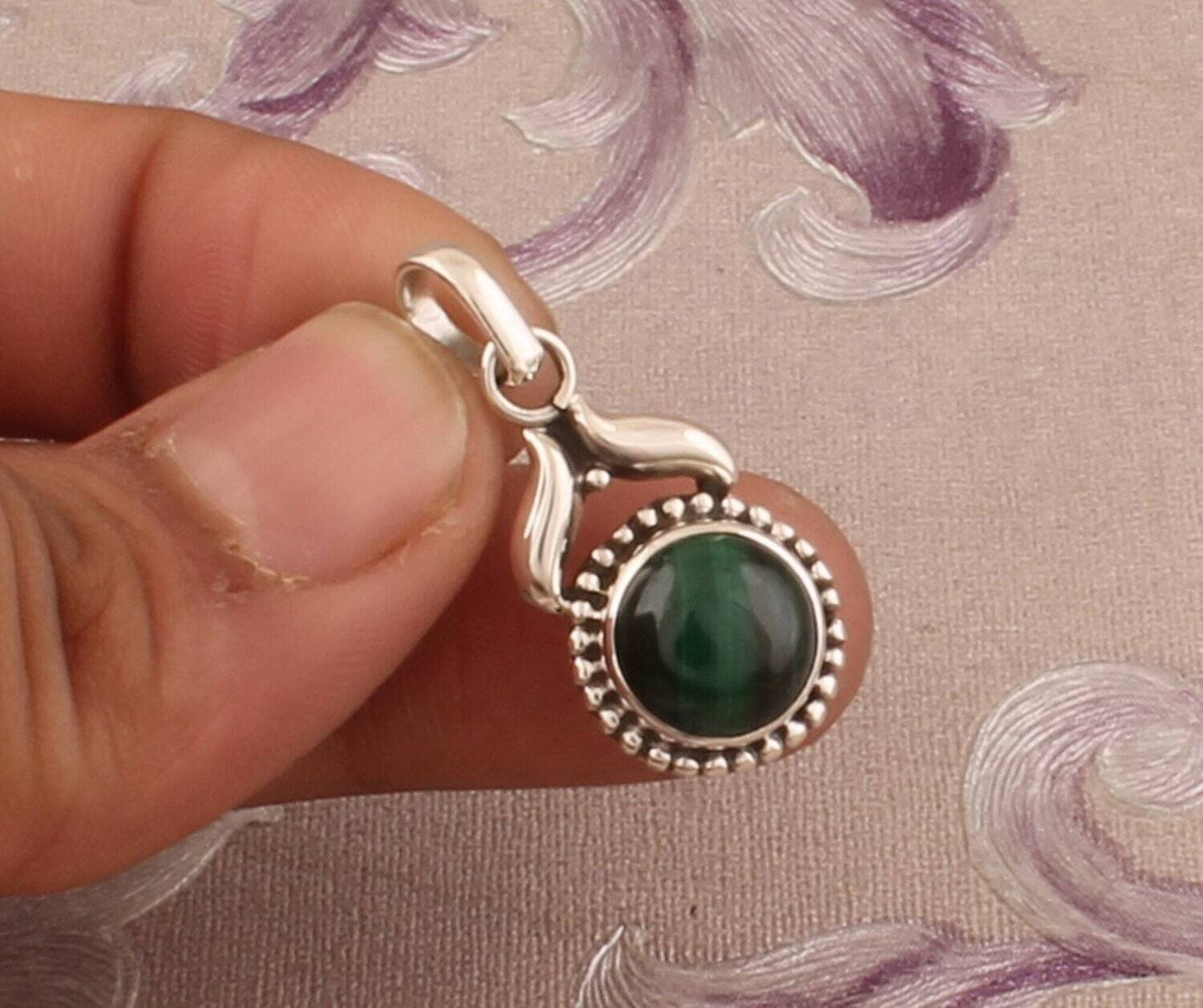 925 Sterling Silver Natural Malachite Necklace Pendant, Boho Peridot Round Gemstone Silver Pendant, Valentine's Day Gift