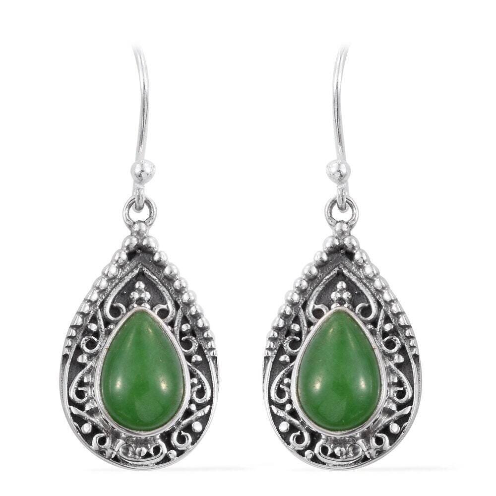 Handcrafted Earring With Natural Green Jade AAA+Quality Gemstone Earring Cabochon With Opaque Stone Charm &amp; Boho Earring Gift For You !