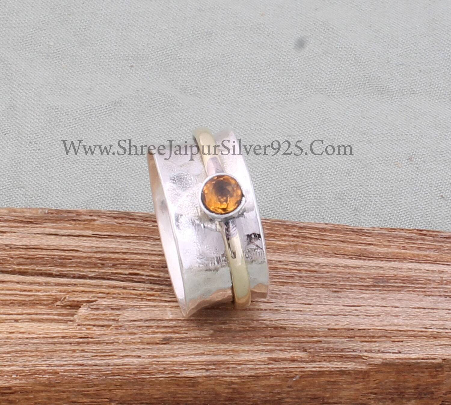 Natural Citrine Round Cut Solid 925 Sterling Silver Spinner Ring For Women, Handmade Hammered Band Two Tone Anxiety Fidget Ring Gift For Her