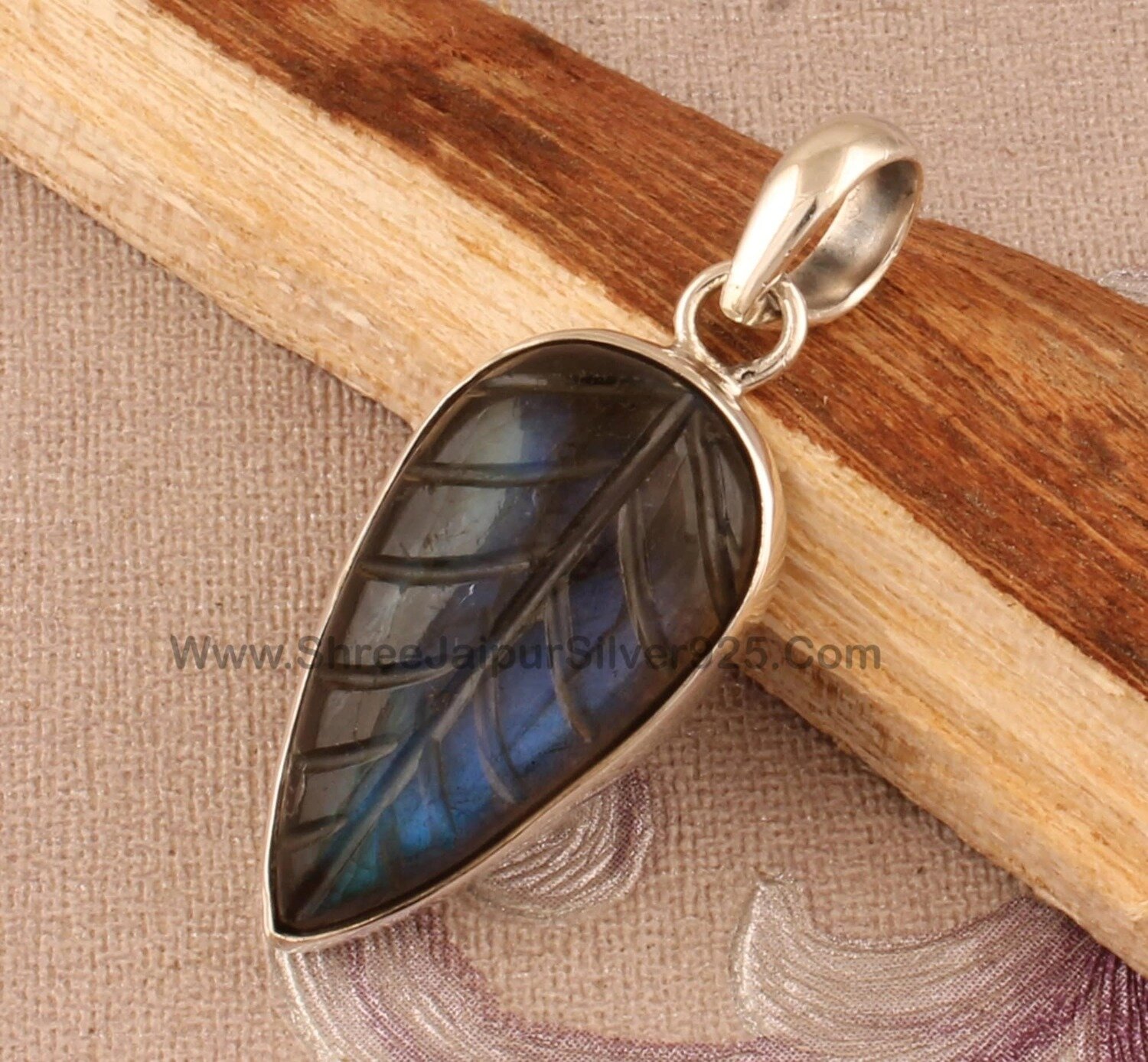 Blue Fire Hand Carved Natural Labradorite Silver Pear Necklace Pendant, 925 Sterling Silver Carved Leaves Gemstone Pendant, Valentine's Day