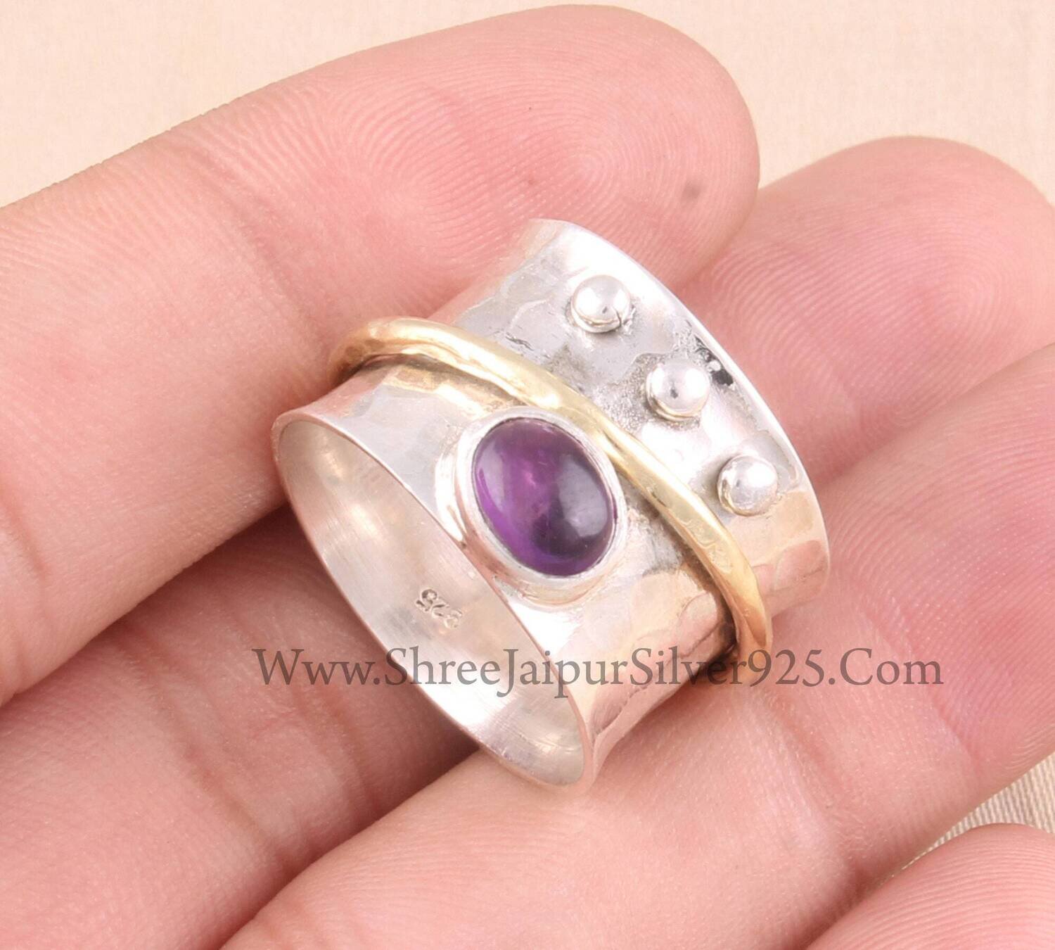 Natural Amethyst Solid 925 Sterling Silver Spinner Ring For Women, Handmade Hammered Band Two Tone Anxiety Fidget Ring Gifts For Anniversary