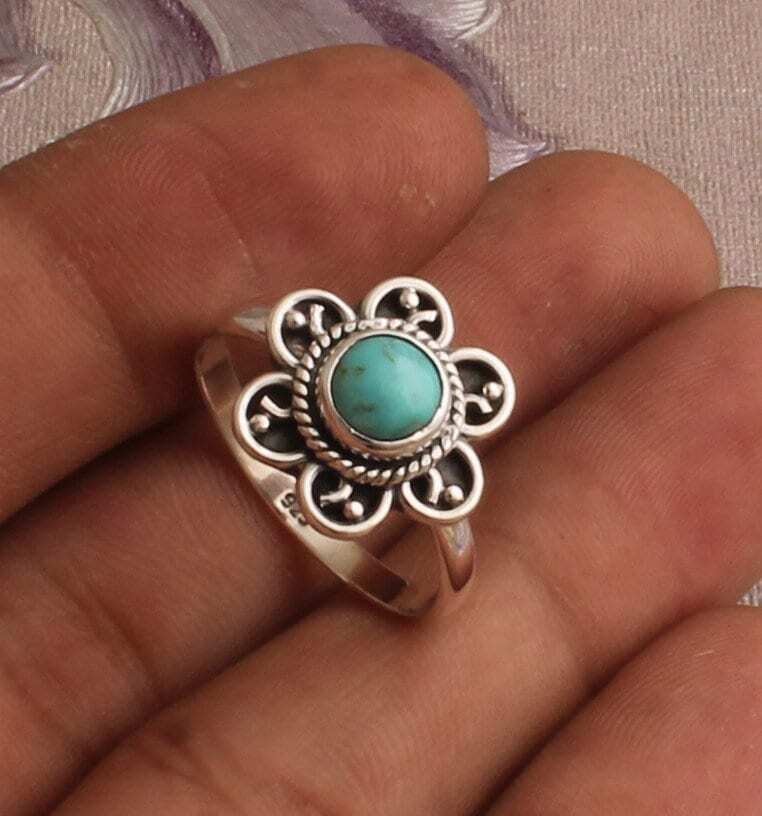 925 Sterling Silver Turquoise Round Gemstone Ring, Designer Flower Ring, Handmade Gemstone Ring, Engagement Ring, Women Jewelry Gift For Her