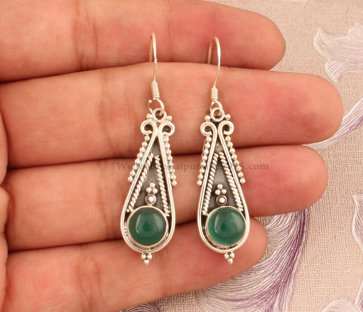 Bridesmaid Green Jade Solid 925 Sterling Silver Earrings For Women, Handmade Bridal Round Indian Earrings For Wedding Anniversary Gift Idea