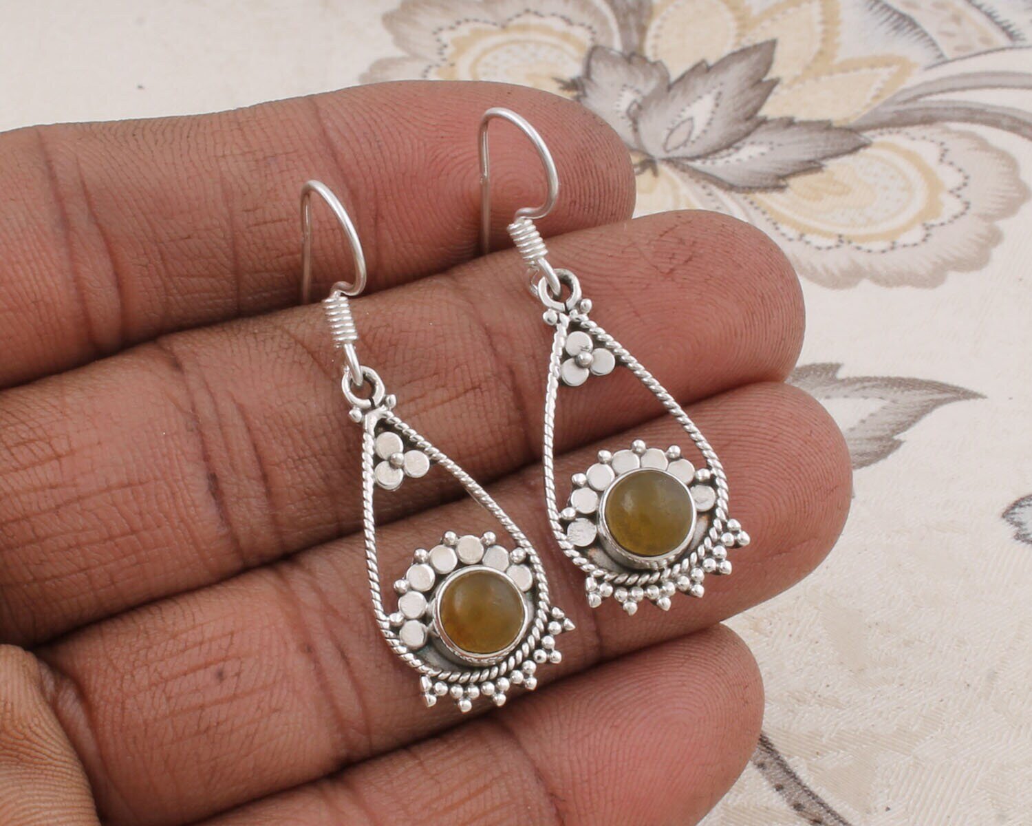 Yellow Jade Top Quality Gemstone Designer Earring Cabochon Stone Boho Earring Antique Silver Earring Etsy Cyber Valentine's Day Gift