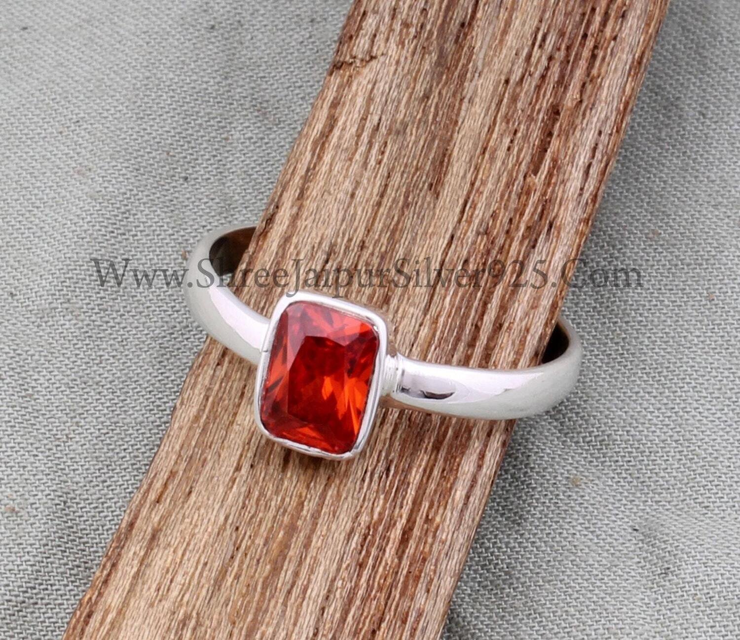 Red Cubic Zircon Emerald Cut Stone Solid 925 Sterling Silver Ring For Women, Handmade Solid Silver Ring For Wedding Anniversary Gift Idea