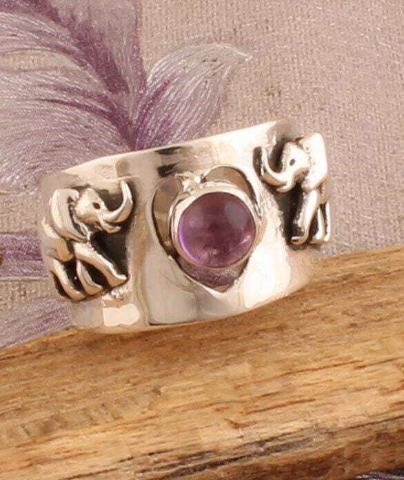 Amethyst Rings - Elephant Rings - Heart Ring - Sterling Solid Silver Ring - Christmas Gift Ring - Natural Amethyst Semi Precious Stone Ring