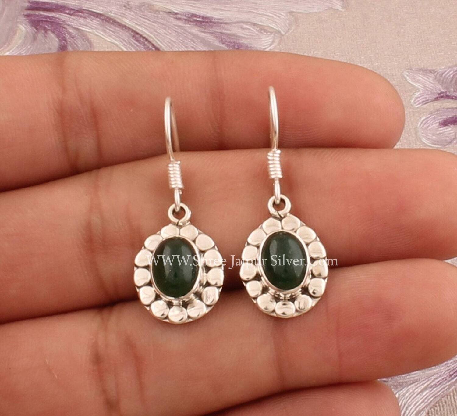 925 Sterling Silver Green Jade Oval Shape Gemstone Earrings, Handmade Designer Flower Silver Earrings, Valentine's Day Jewelry, Gift For her
