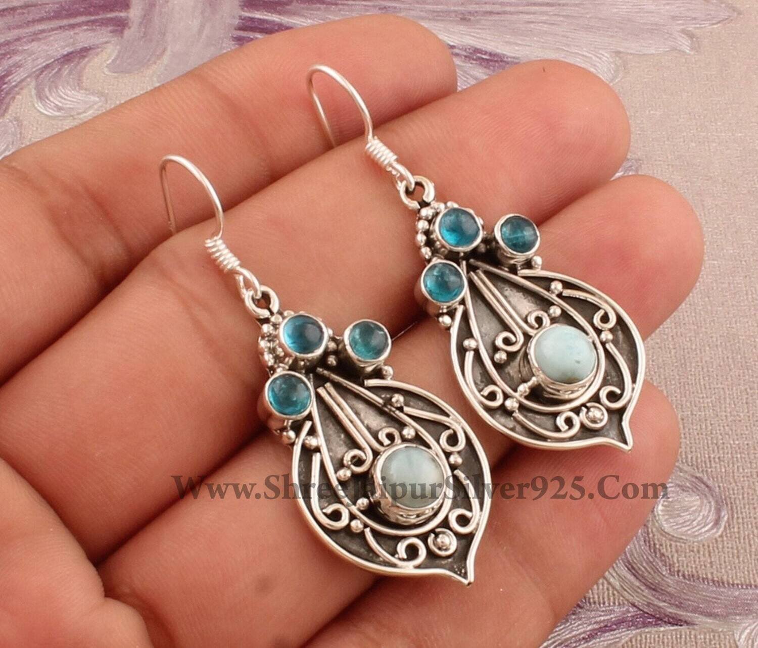 Handcrafted Earring Solid 925 Sterling Silver Earring Natural Larimar+Blue Topaz Gemstone Earring Transparent &amp; Opaque Stone Boho Earring