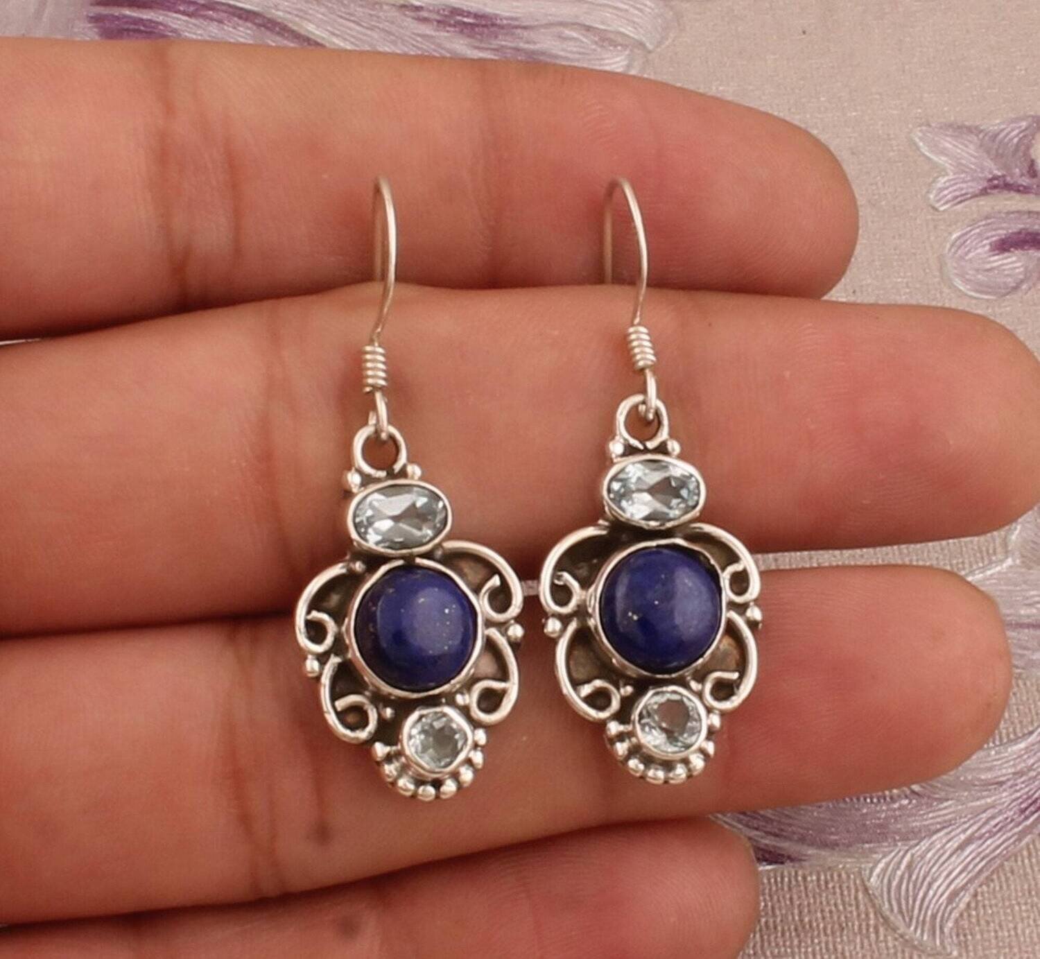Lapis Lazuli &amp; Blue Topaz Silver Earrings, 925 Sterling Silver Round Shape Gemstone Earrings, Designer Silver Handcrafted Earring, Gift Idea