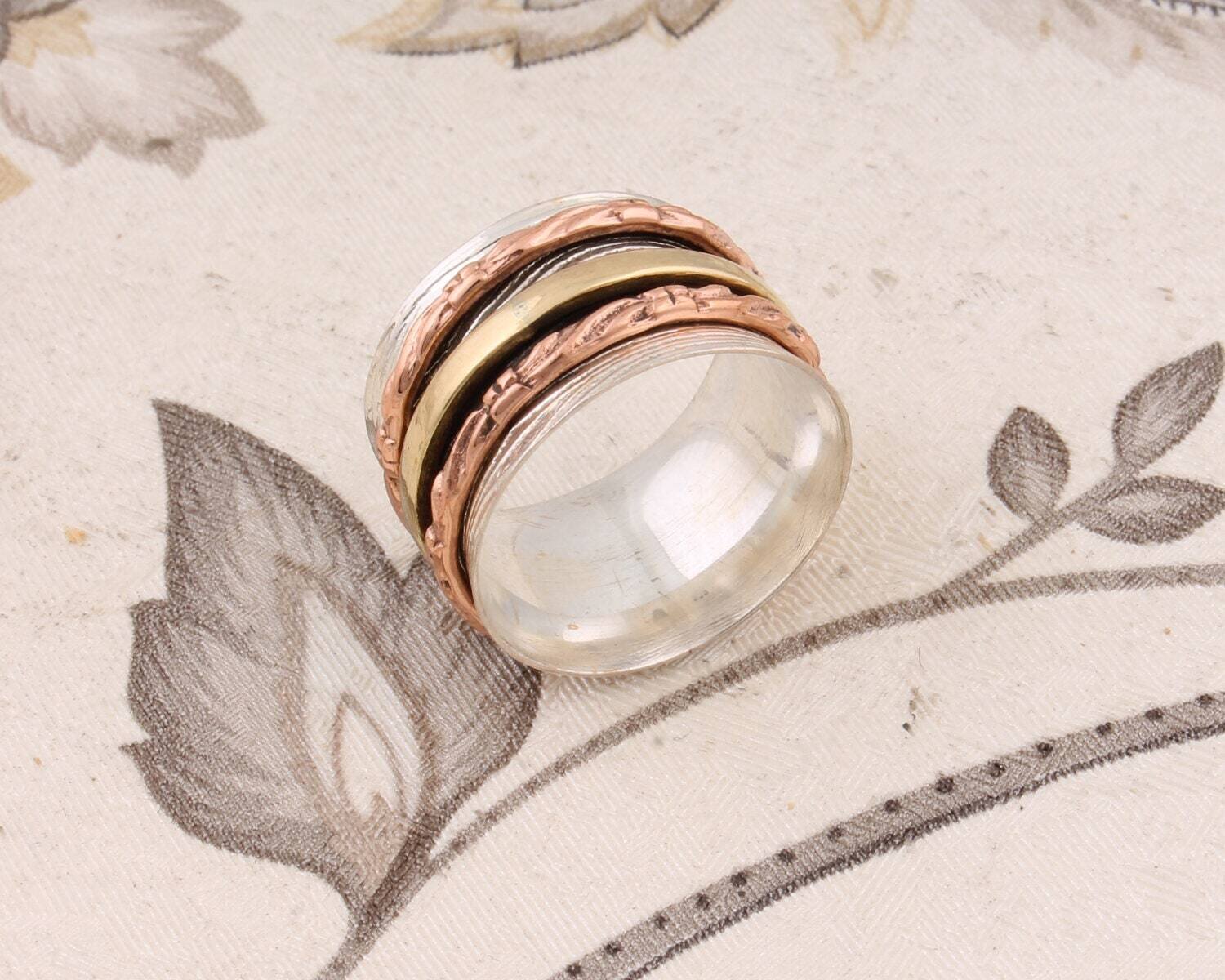 Big Size 925 Sterling Silver &amp; Brass Ring (SPINNER RING)- -Meditation Ring - Three Tone Silver Spinner Ring - thumb Ring-Silver Band Ring For Women Weddings Gifts Her