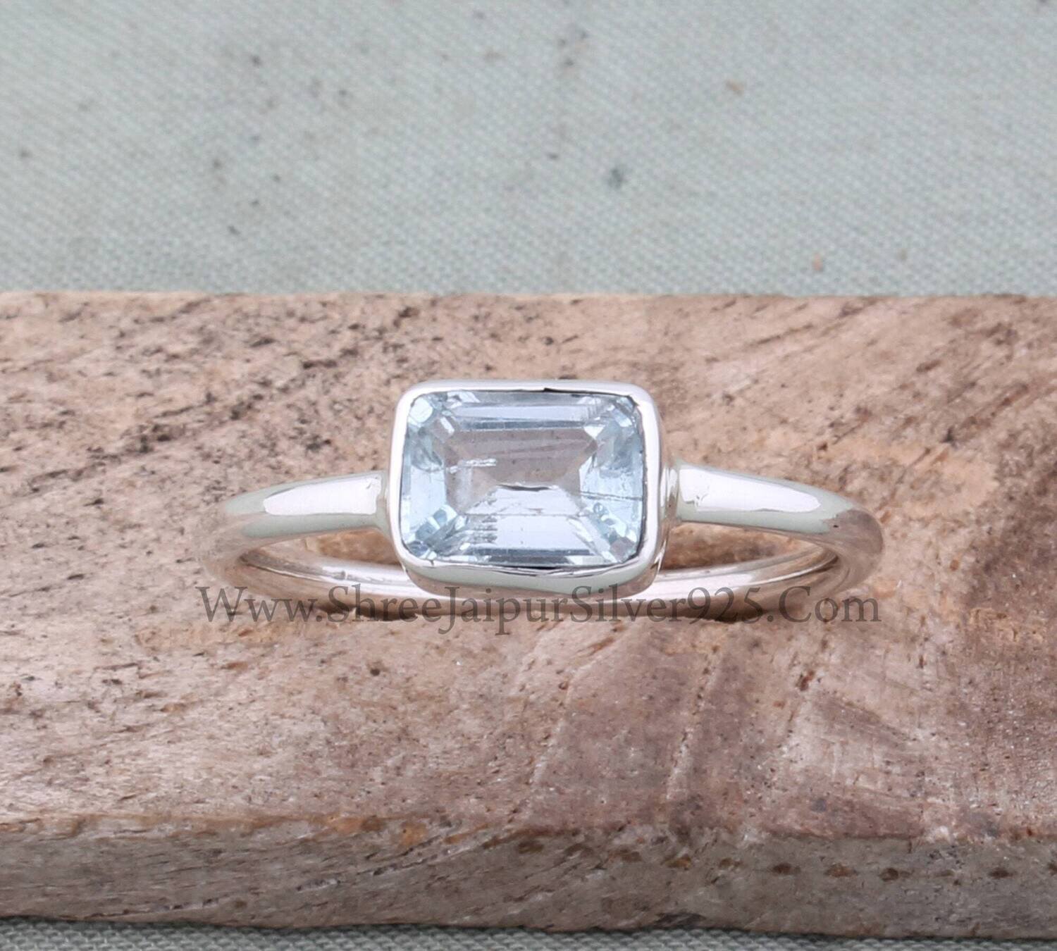 Natural Blue Topaz Emerald Cut Stone Solid 925 Sterling Silver Ring For Women, Handmade Solid Silver Ring For Wedding Anniversary Gift Idea