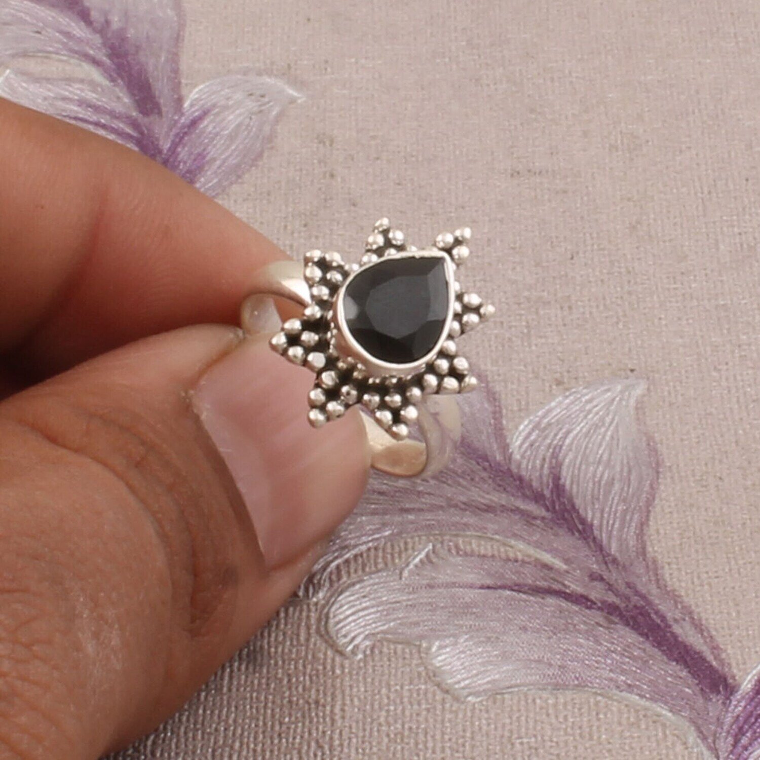 925 Antique Silver Ring, Natural Black Onyx Ring, Top Quality Cut Faceted Pear Ring, Pear Gemstone Ring, Engagement Ring, Gift For Her