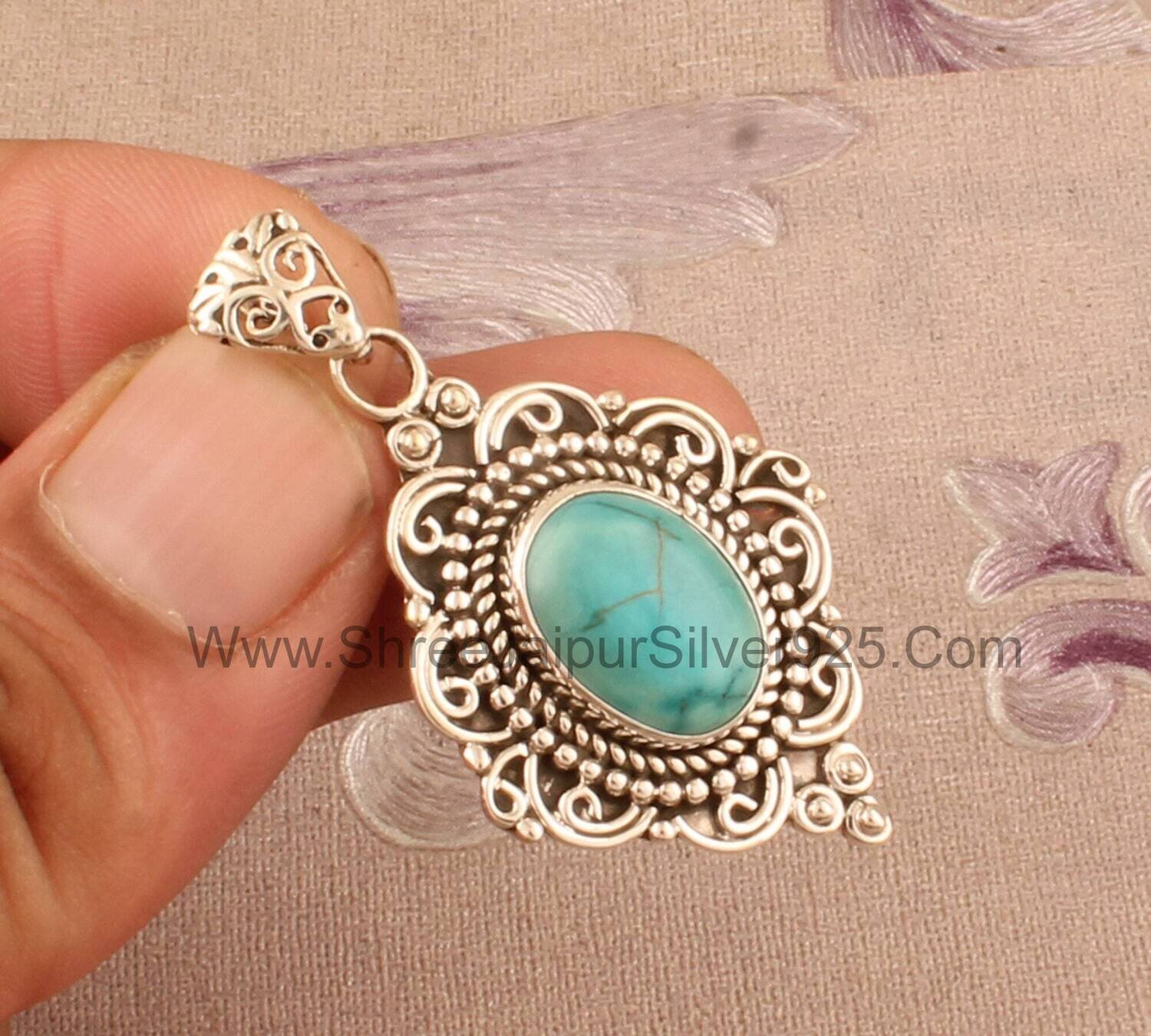 925 Sterling Silver Tibetan Turquoise Necklace Pendant, Boho Turquoise Oval Gemstone Silver Pendant, Engraved Pendant , Halloween Gift Her