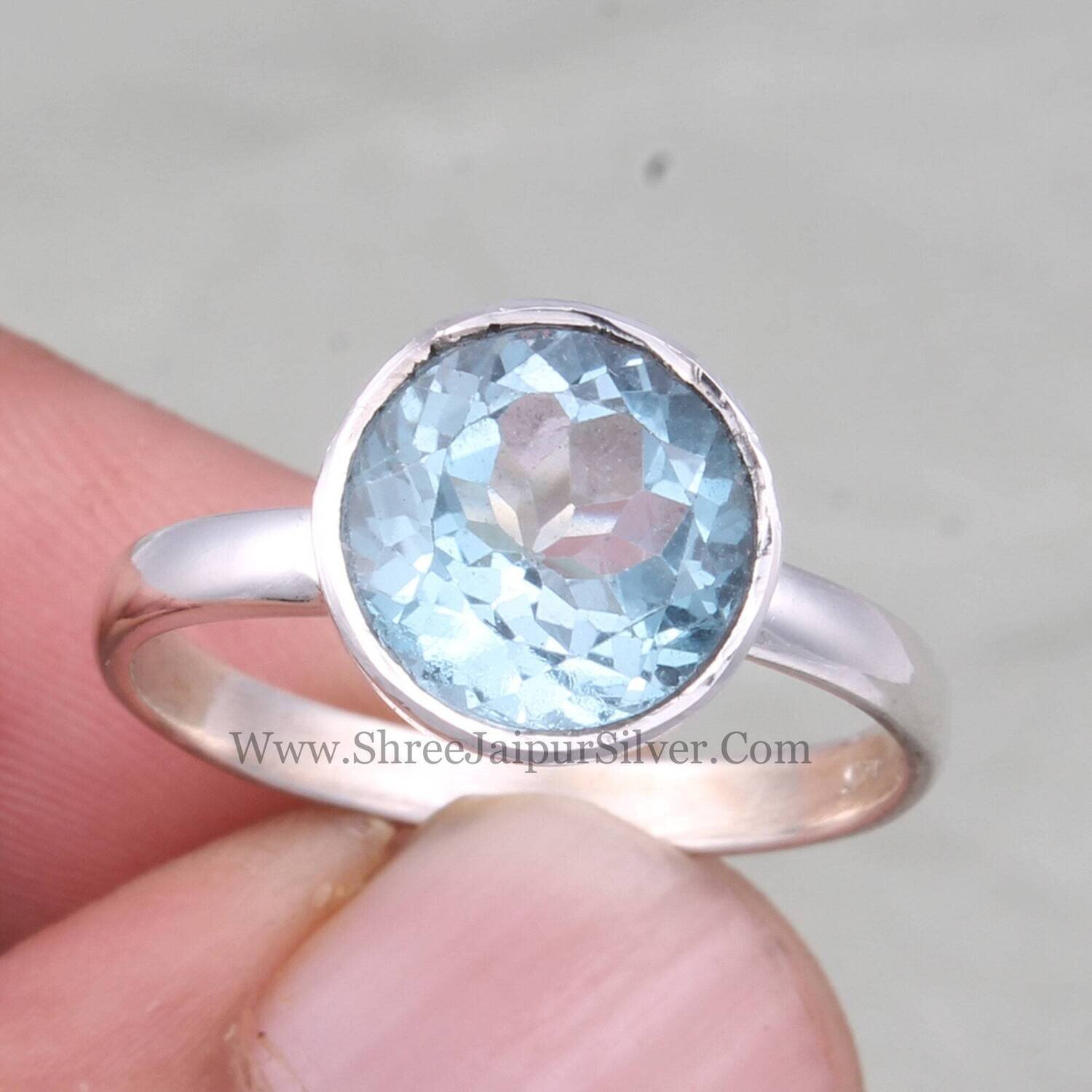 Natural Blue Topaz Round Cut Stone Solid 925 Sterling Silver Ring For Women, Handmade Silver Circle Ring For Wedding Anniversary Gifts Idea
