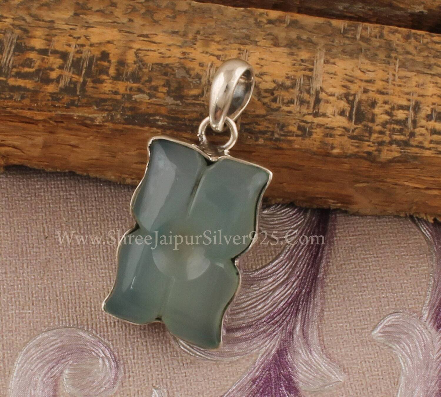 Blue Chalcedony 925 Sterling Silver Necklace Pendant For Women, Wedding Pendant, Solid Silver Carved Gemstone Silver Pendant For Gift Idea