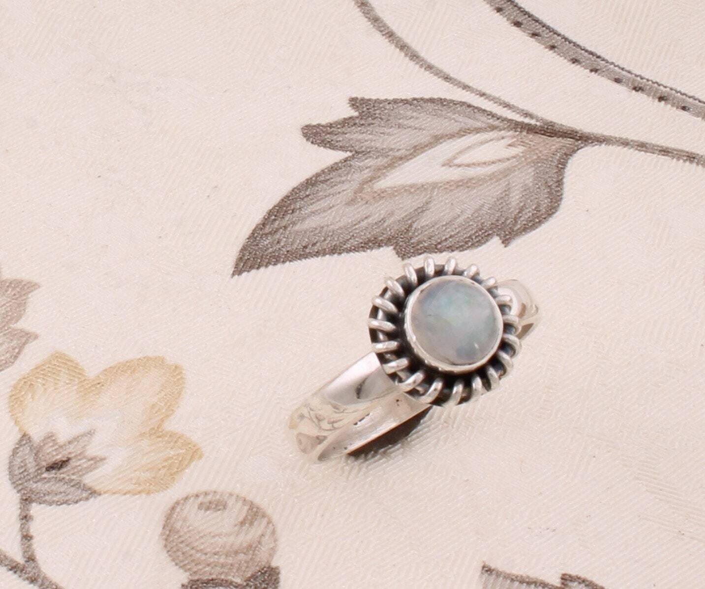 925 Sterling Silver Rings For Women, Natural Rainbow Moonstone Ring, White Round Cabochon Handmade Gemstone Jewelry, Dainty, Gift For Sister
