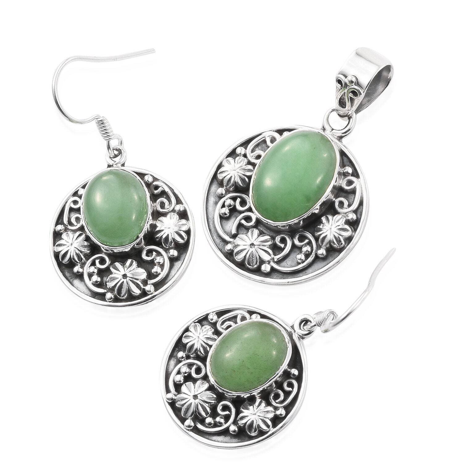 Handmade Earring With Pendant Natural Green Jade Gemstone Jewelry Set Cabochon &amp; Oval Shape Stone AND Silver Sterling Earring With Pendant