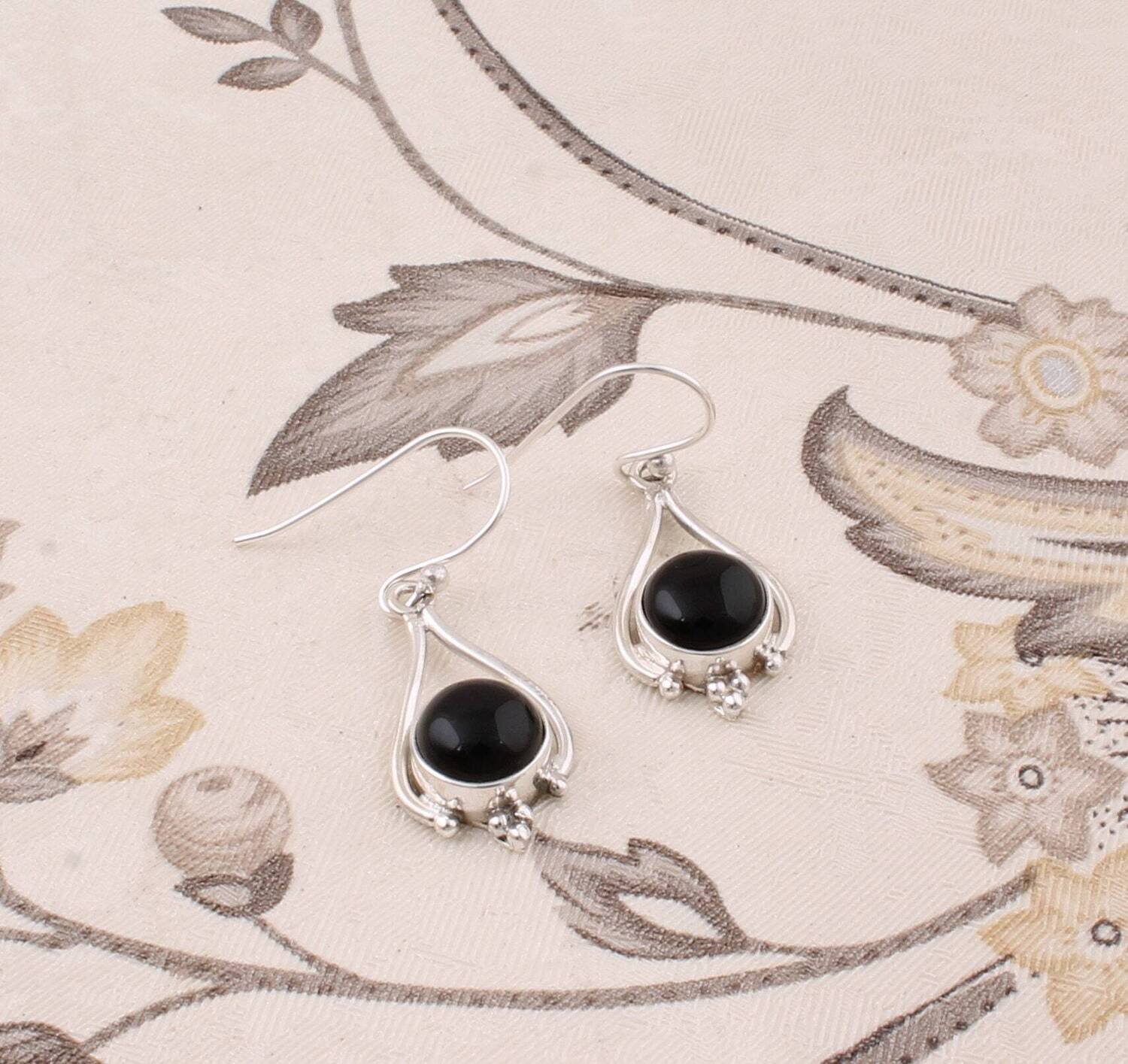 Simple Earring 925 Silver Solid Natural Black Onyx Gemstone Earring Top Rare &amp; Round Shape Stone AND Silver Sterling Earring L#-283040-E