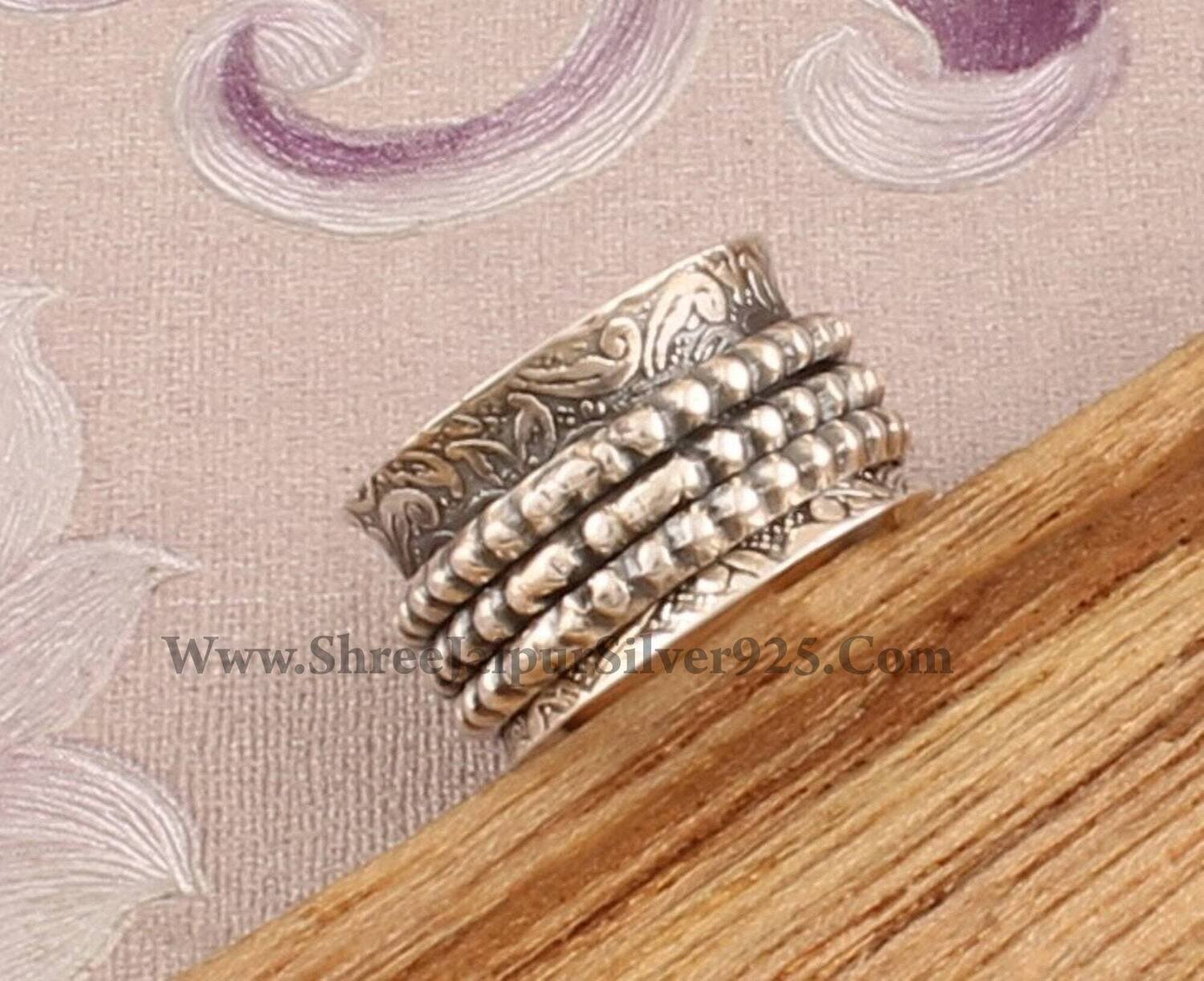 925 Sterling Silver Designer Carved Band Spinner Ring, Handmade Antiqued Silver Meditation Ring, Boho Worry Ring, Anxiety Ring, Gift For Her