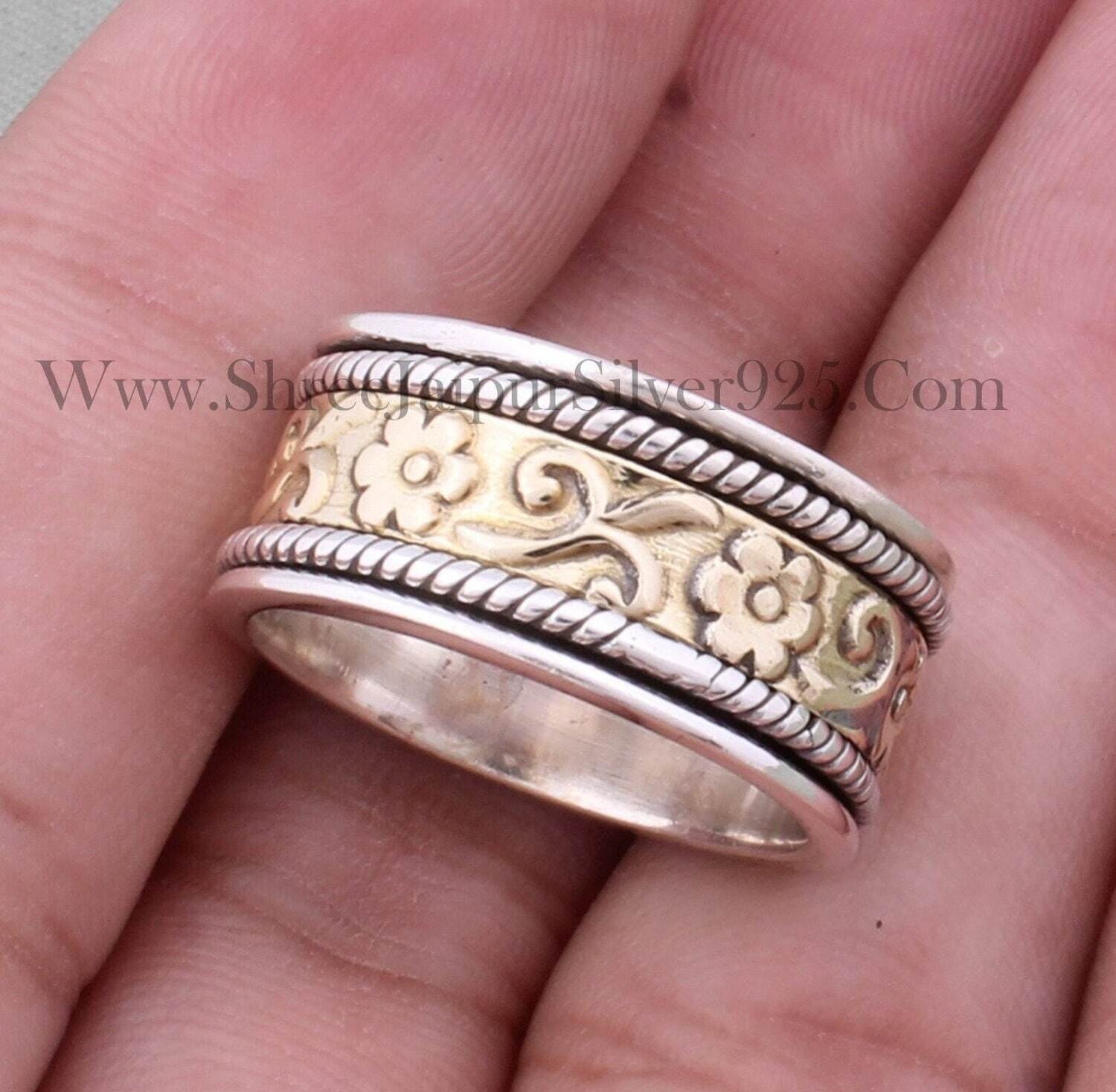 Quality Band Spinner Ring - 925 Sterling Silver &amp; Brass Designer Spinner Ring - Handmade Flower Ring - Gift For Her -Jewelry For Women