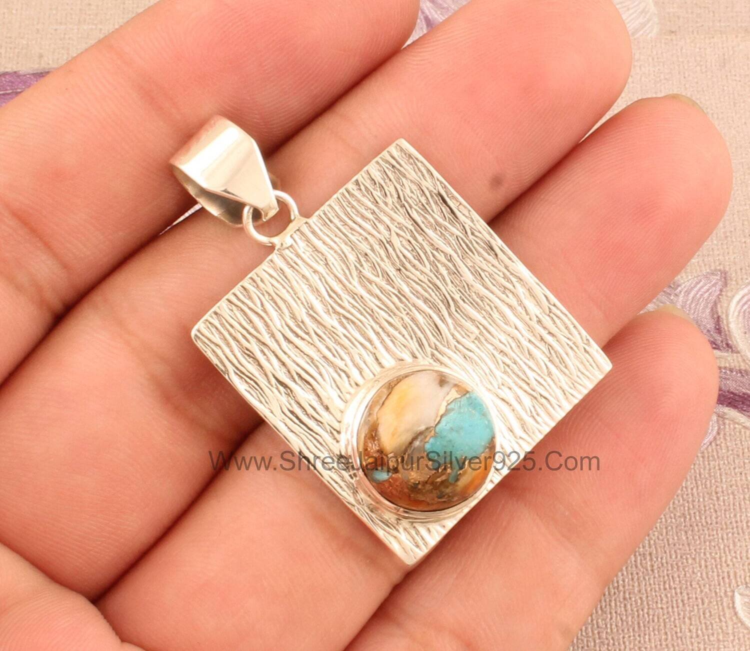 Oyster Copper Turquoise Solid 925 Sterling Silver Textured Necklace Pendant For Women, Handmade Round Stone Pendant For Wedding Anniversary