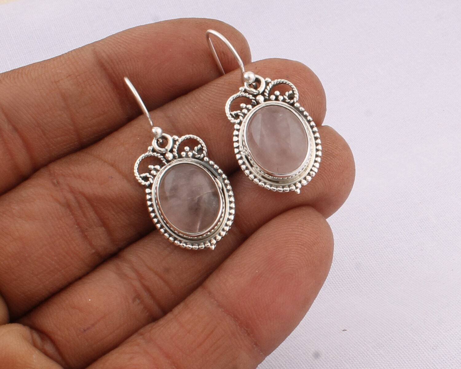 925 sterling Silver Boho Earring Rose Quartz Gemstone Earring Cabochon Stone Boho Earring 925-Sterling Solid Silver Earring Handmade