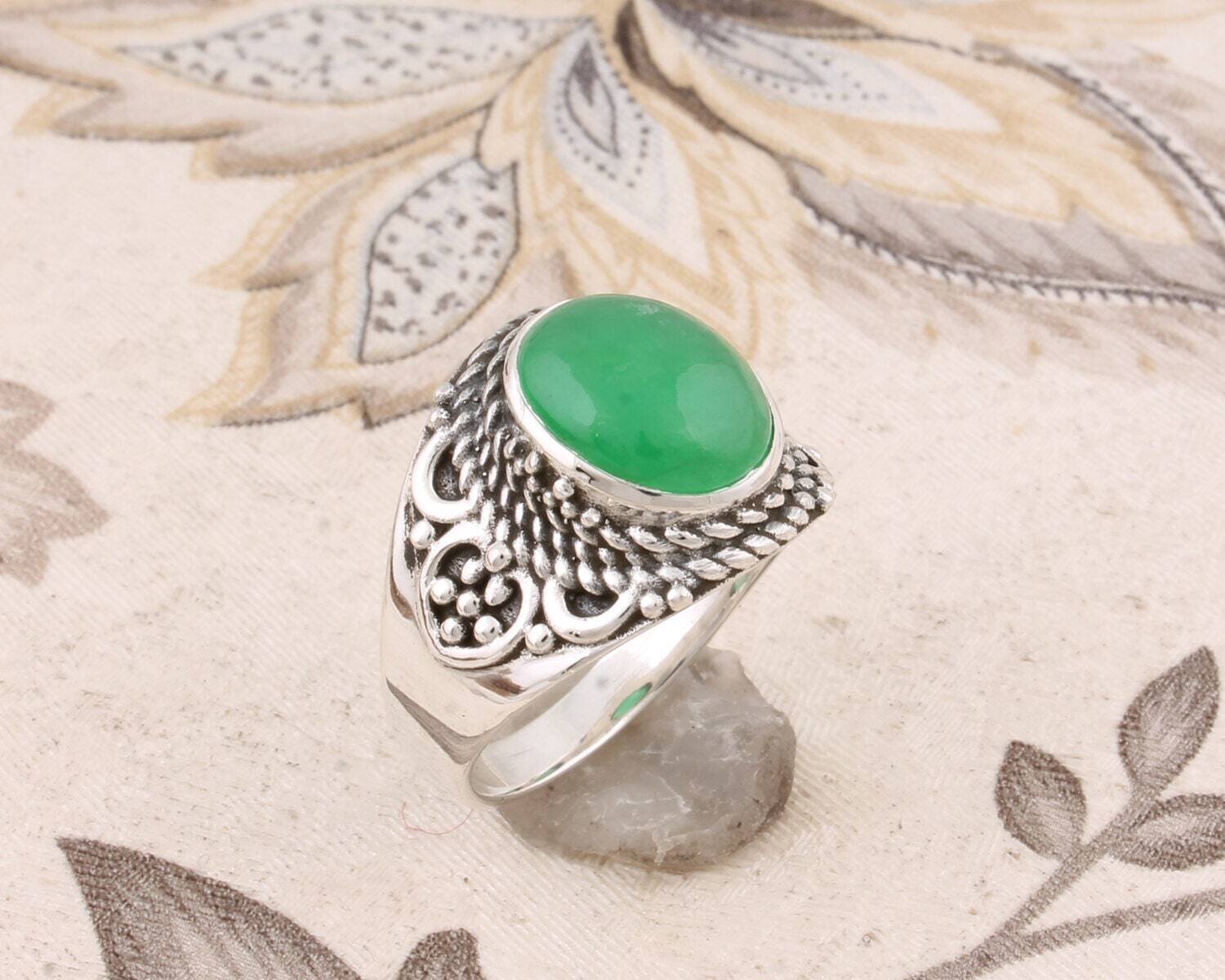 Ring Finger Ring With Natural Green Jade Gemstone Handcrafted Ring Cabochon Stone Charm Ring 925-Sterling Solid Silver Ring Gift For You !