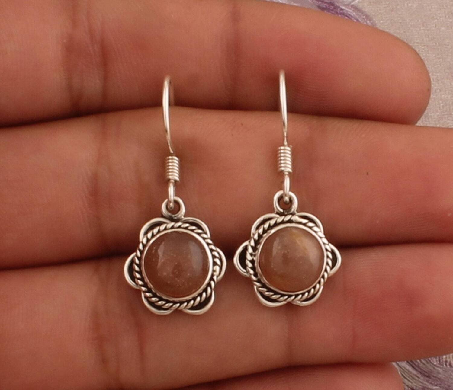 925 Sterling Silver Peach Moonstone Gemstone Earrings, Designer Handmade Flower Silver Earrings, Valentine's Day Earrings, Etsy Cyber 2021