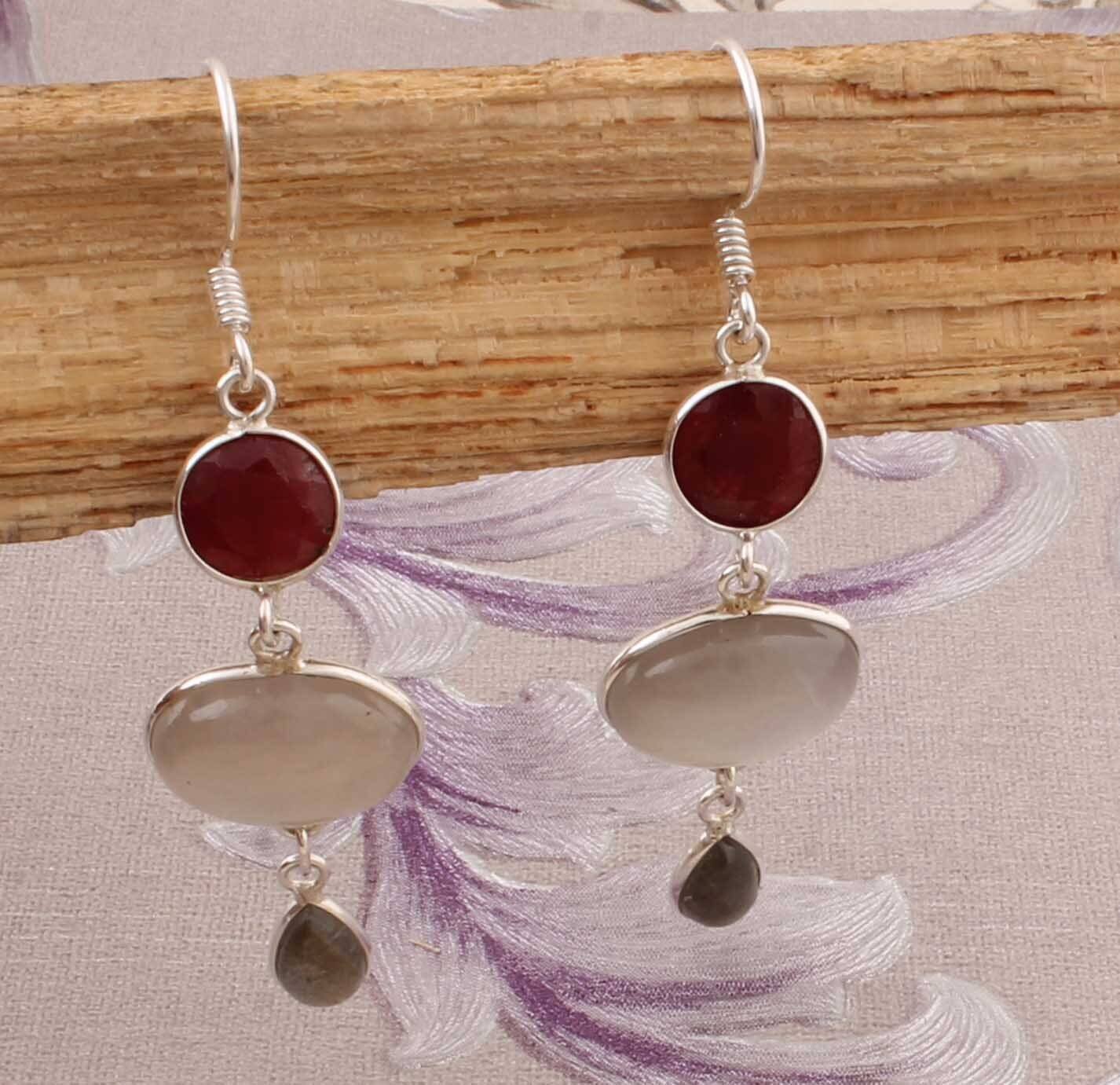 Combo Gemstone Earring Ruby+Peach Moonstone+Labradorite Gemstone Earring 925-Sterling Silver Earring Big Size Earring Gift For Her Earring