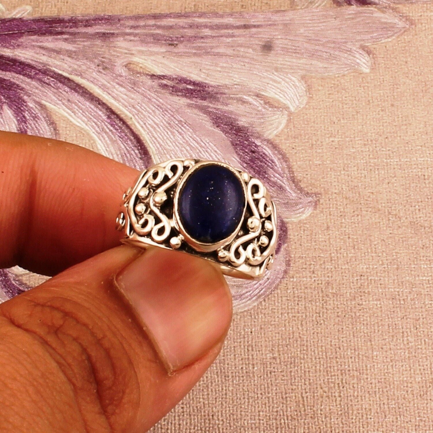 AAA+Quality Lapis Gemstone Handcrafted Ring Cabochon Oval Shape Boho Ring 925-Antique Silver Ring Middle Finger Ring Etsy Cyber-2021(281740)