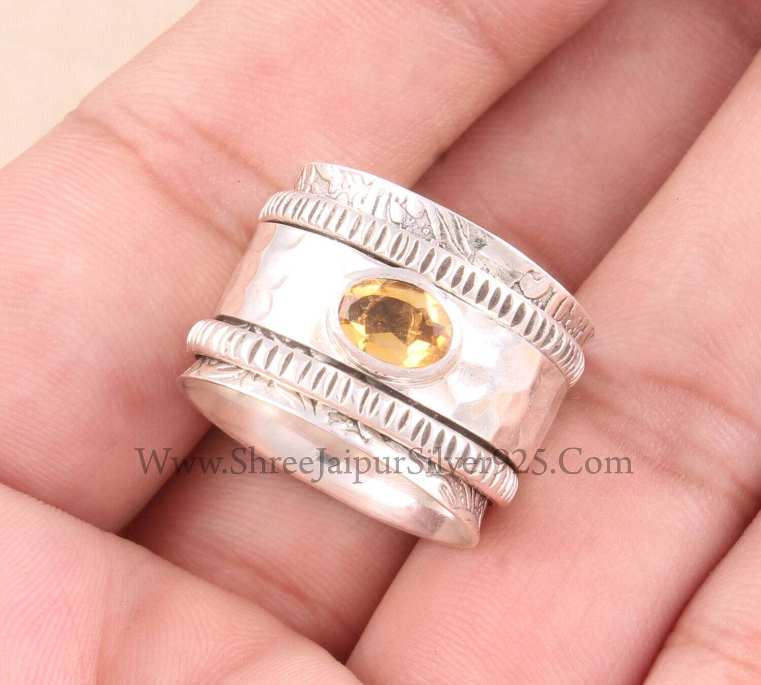 Natural Citrine Oval Cut Band Solid 925 Sterling Silver Spinner Ring For Women, Handmade Hammered Band Anxiety Fidget Ring Anniversary Gifts